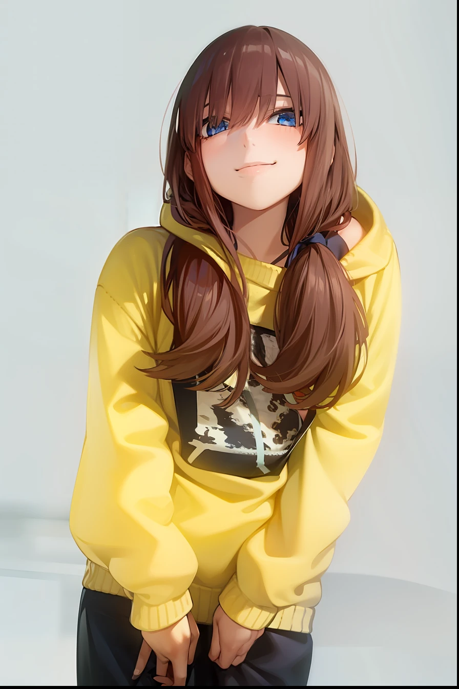 2d, masterpiece, best quality, anime, highly detailed, 1girl, solo, cowboy shot, nakano ichika, black hair, short hair, yellow sweater, off-shoulder sweater, collarbone, long sleeves, (black bra), medium breasts, smile, outdoors, city