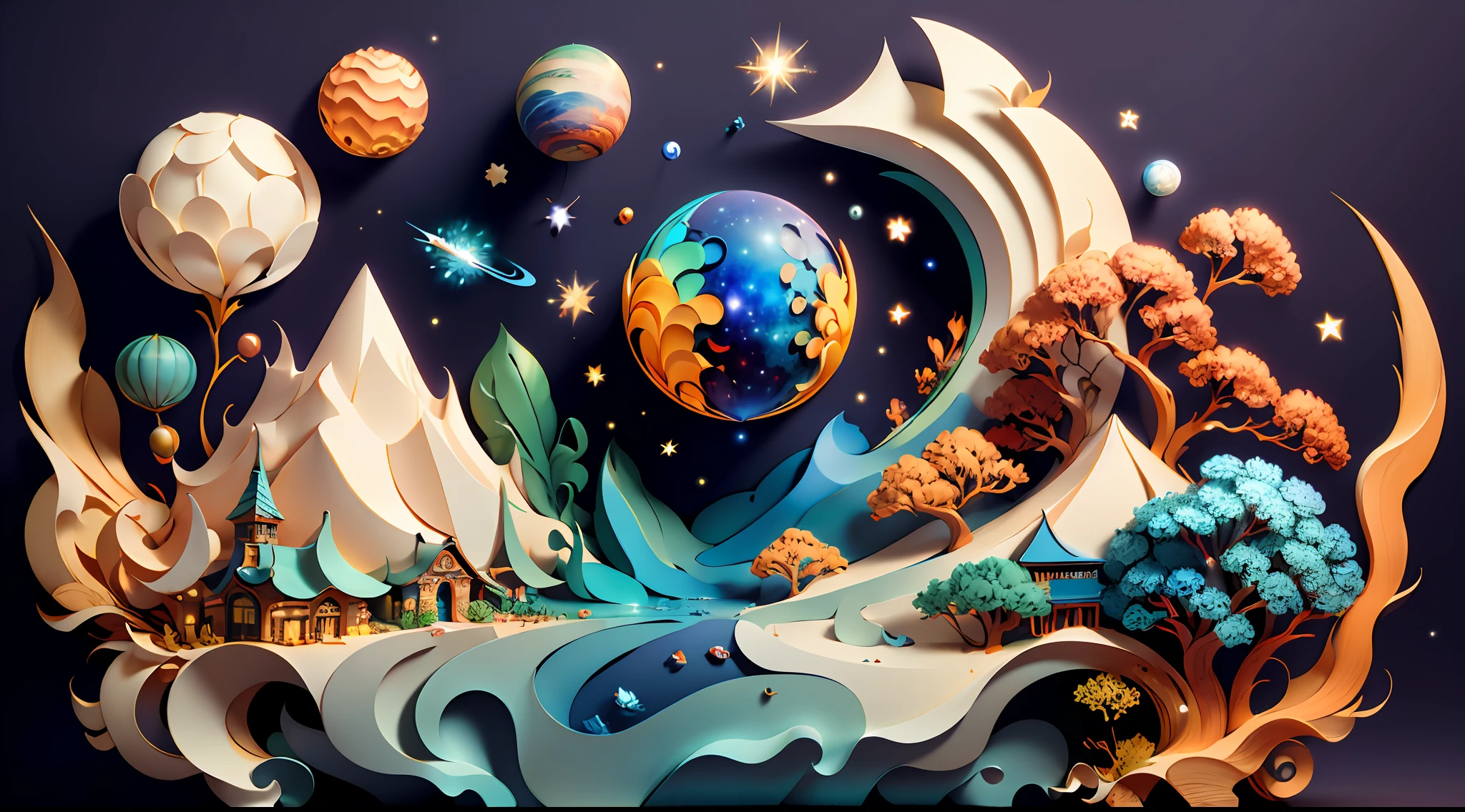 (((masterpiece))),best quality, illustration, earth, water ,fire, wind , space , paper_cut,