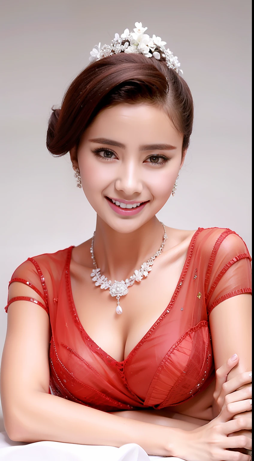 Fashion model 18 years old [[[[closeup cleavage]]]], [[[[boobgasm]]]], [[[[coll]]]], [[[[bshoulders]]]], perfect  eyes, Perfect iris，perfect lips，perfect teeth，Perfect skin，Long face，Soft front light，HDR，red attire，white apparel，White or pink flowers on the background，（pastel colour：1.2）