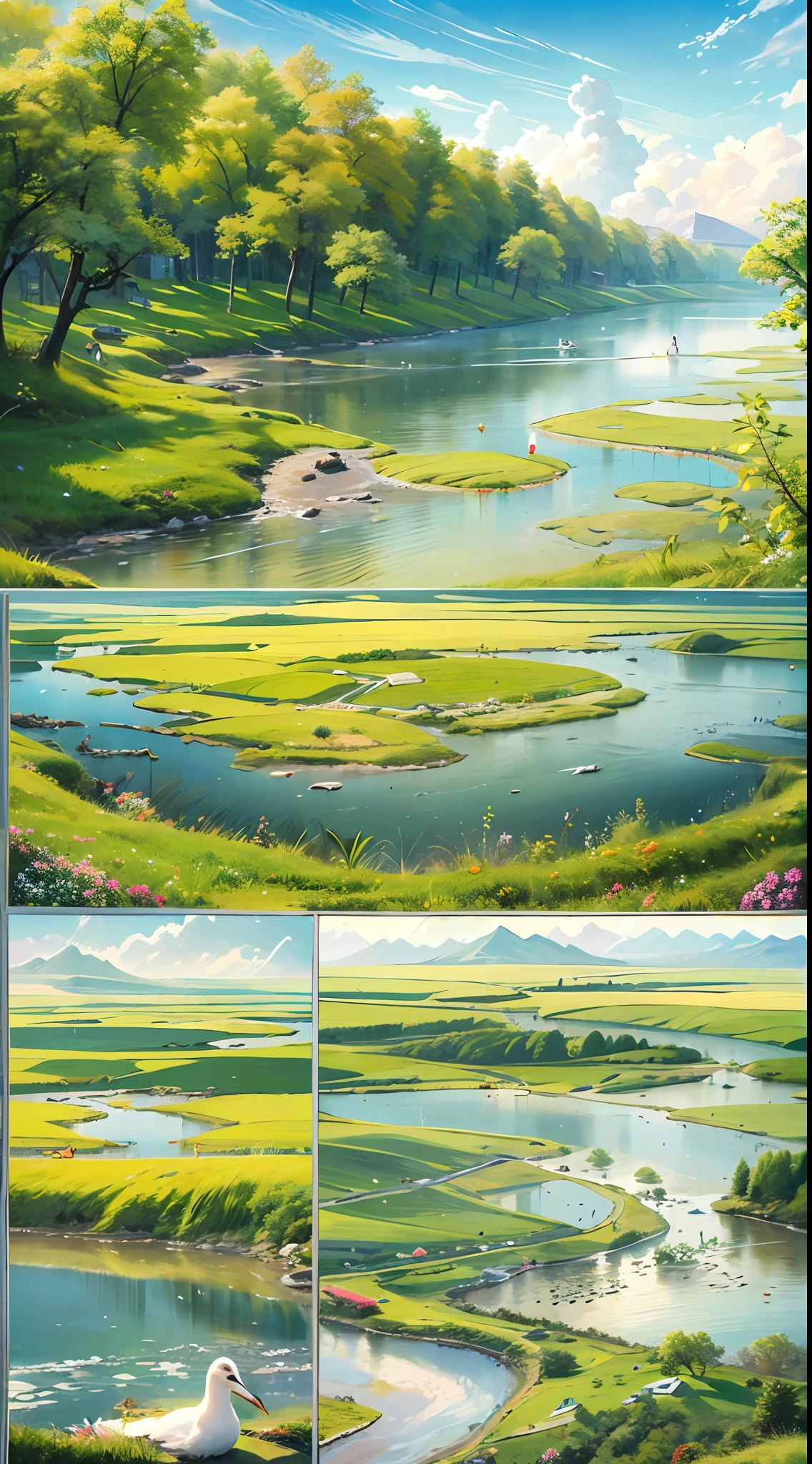 Wetland grasslands，Kohara Wono，the expanse，The grass is green in the field，Clusters of wildflowers，Colorful，Cattle and sheep everywhere are like pearls scattered in the grassland，It's a refreshing day，Sunrise and morning light，Tent dots，Cooking smoke，Cows and sheep roam，The pastoral song is leisurely，Intoxicating。The unique natural scenery of Huahu Lake，The simple and colorful ethnic customs are intertwined。The first bend of the Nine Curves of the Yellow River meanders，Graceful。Strange rocks，Mountains and mountains。It's all around，The primeval forest is reckless。Stroll through Zoige Flower Lake，Pillow the sound of the Yellow River，Watch the sunset and return home，The same water and the sky。 Ruoergai Flower Lake Boardwalk，Watch the Gull Crane Dance，Ren Yun Cirrus Yunshu。The eastern mountains are continuous，Mountains and mountains，Lin Tao waved。The western steppe is vast and boundless，Water and grass are abundant，Herds of cattle and sheep。masterpiece, best quality, ultra-detailed, best shadow，8k，official art。