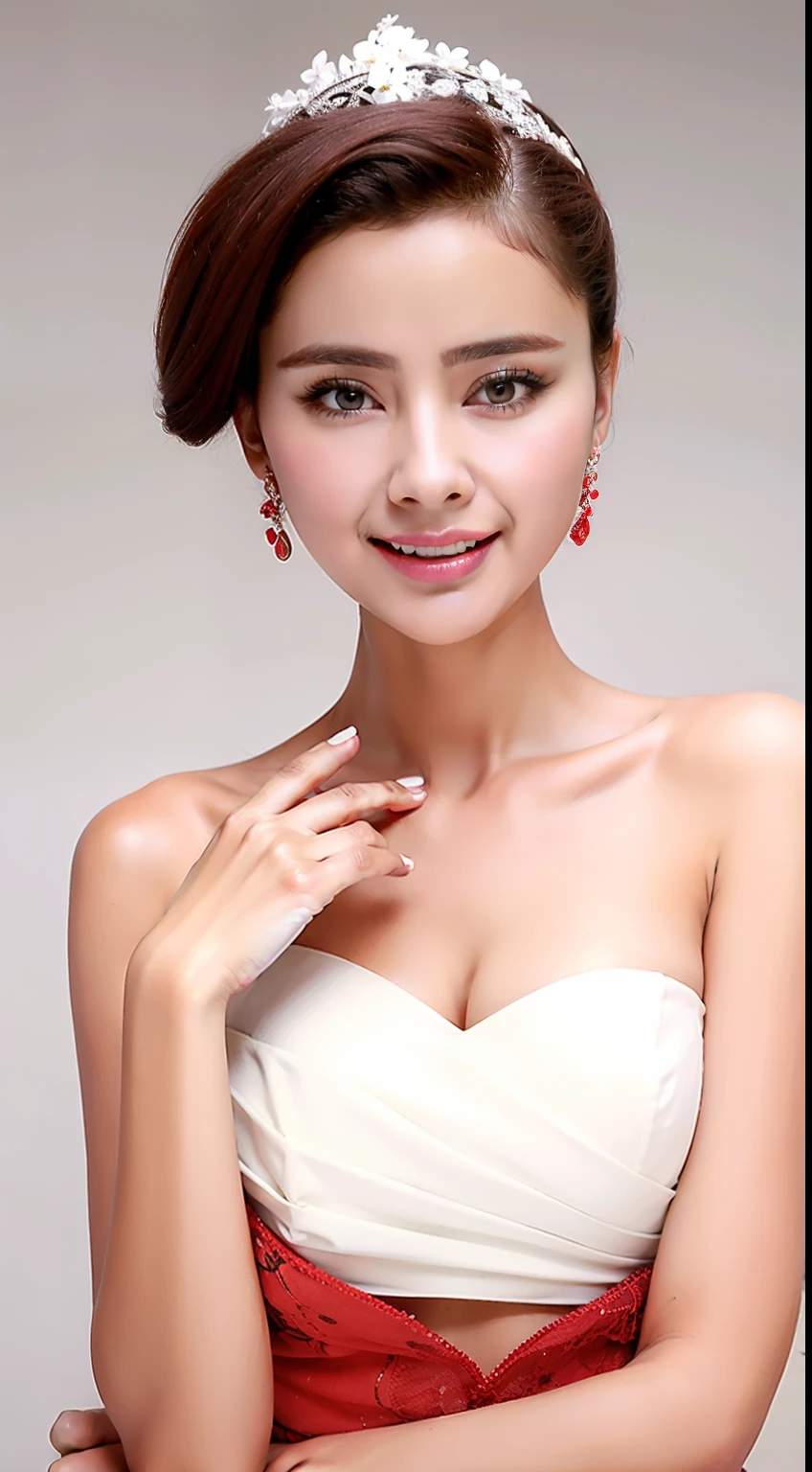 Fashion model 18 years old [[[[closeup cleavage]]]], [[[[boobgasm]]]], [[[[coll]]]], [[[[bshoulders]]]], perfect  eyes, Perfect iris，perfect lips，perfect teeth，Perfect skin，Long face，Soft front light，HDR，red attire，white apparel，White or pink flowers on the background，（pastel colour：1.2）