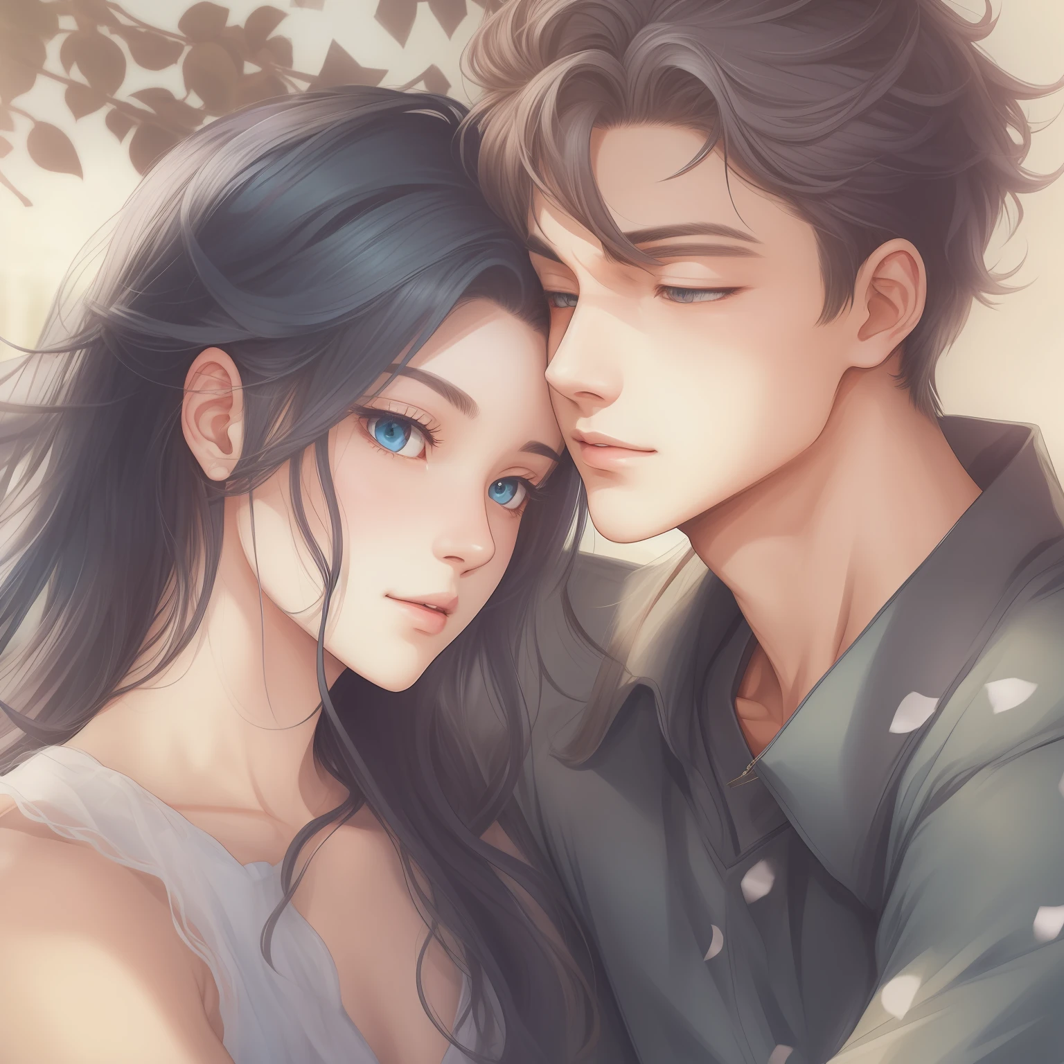 Draw a scene of two beautiful young men cuddling。The first was about 25 years old.、He has a tall, toned and muscular body.、Her blue eyes and jet-black hair are attractive.。He is charismatic」The other one was about 23 years old.、With a slim body for an average height、Blonde hair and green eyes are characteristic.。In college、Passionate and inquisitive in the arts、has a bright positive character。There is a strong trust and deep bond between the two.、Supporting and acknowledging everyone。The scene that is、Draw with a beautiful background。
