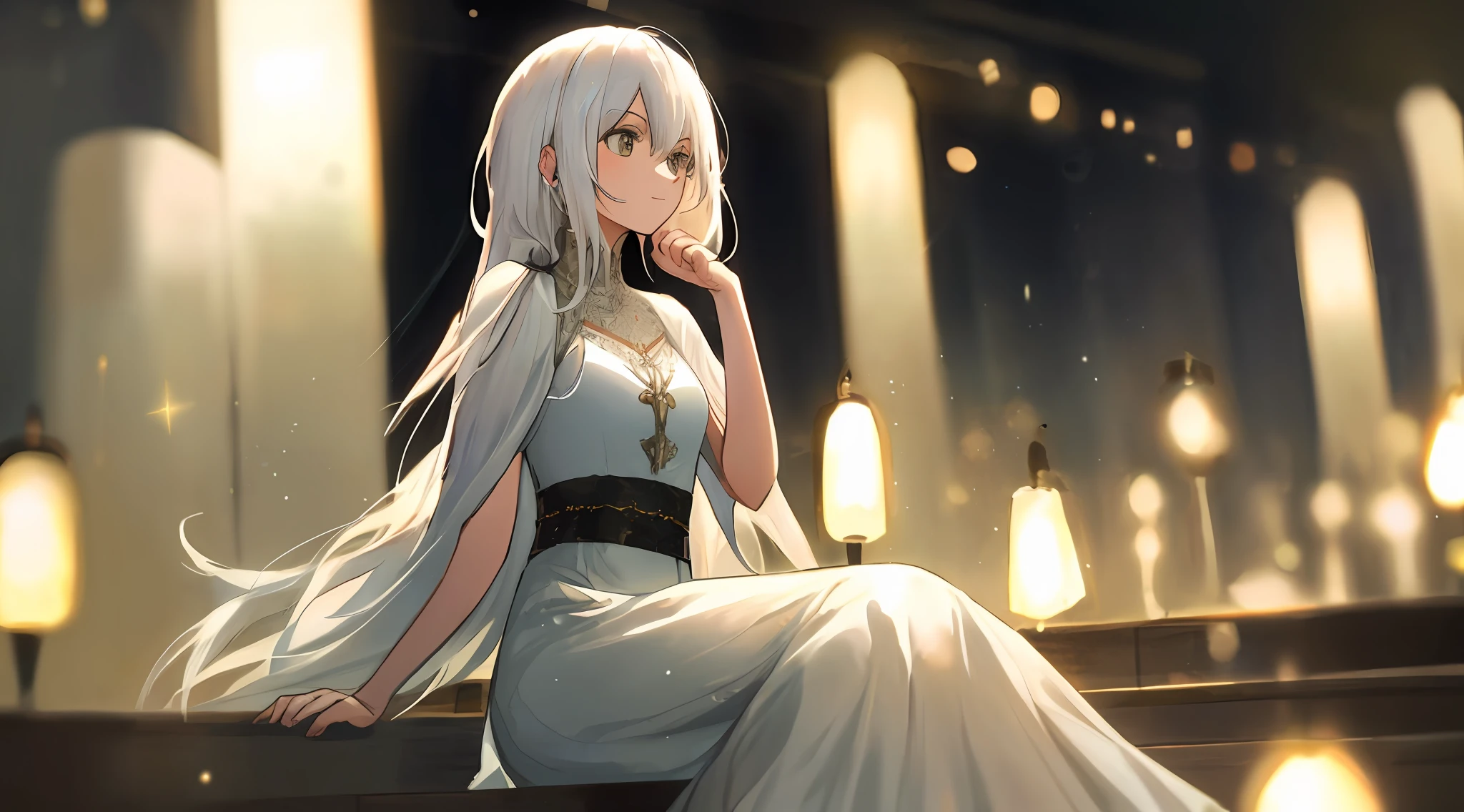 1 girl with long white hair sitting,her hand under her chin,warmly lit,white dresses,Blurred foreground