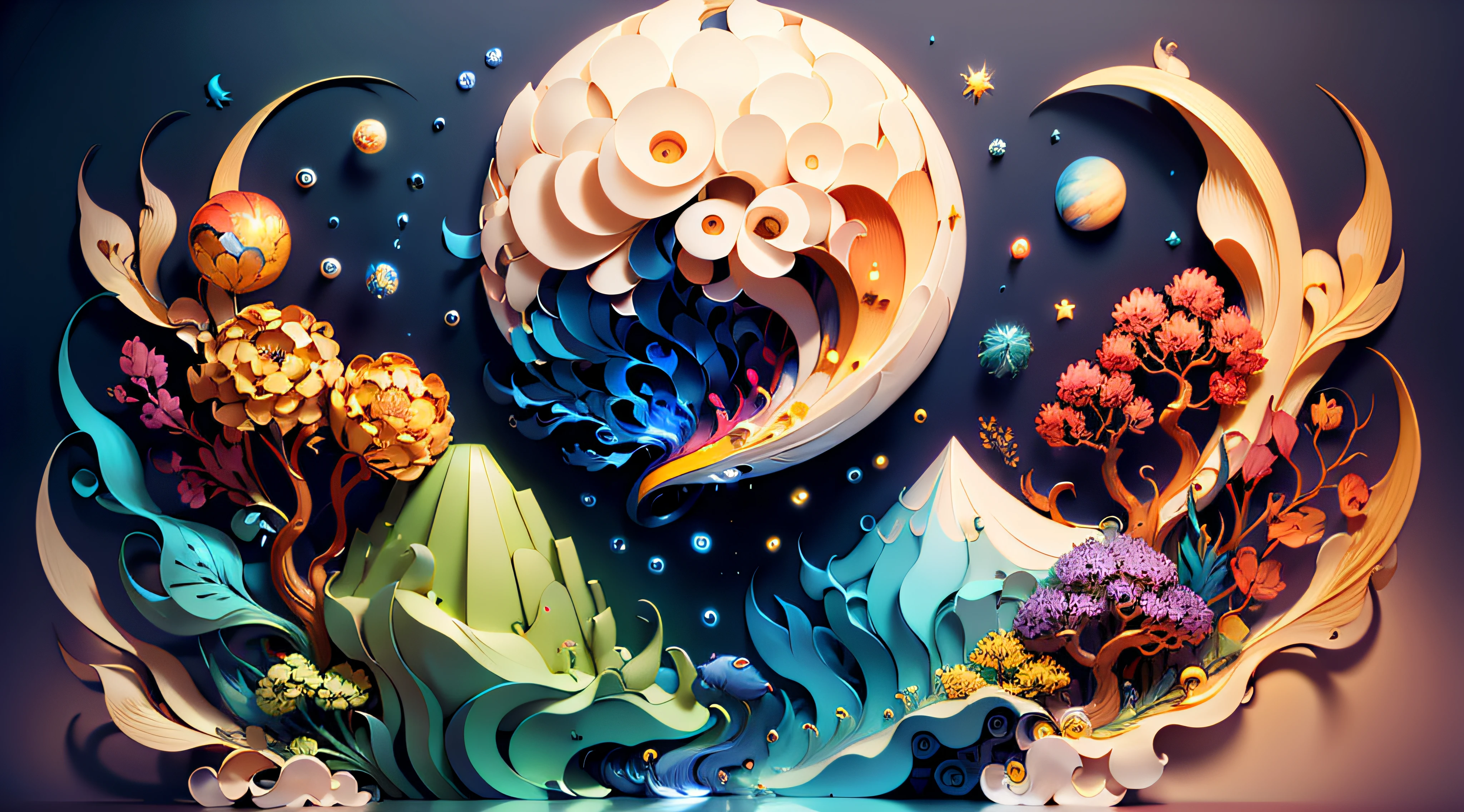 (((masterpiece))),best quality, illustration, earth, water ,fire, wind , space , paper_cut,