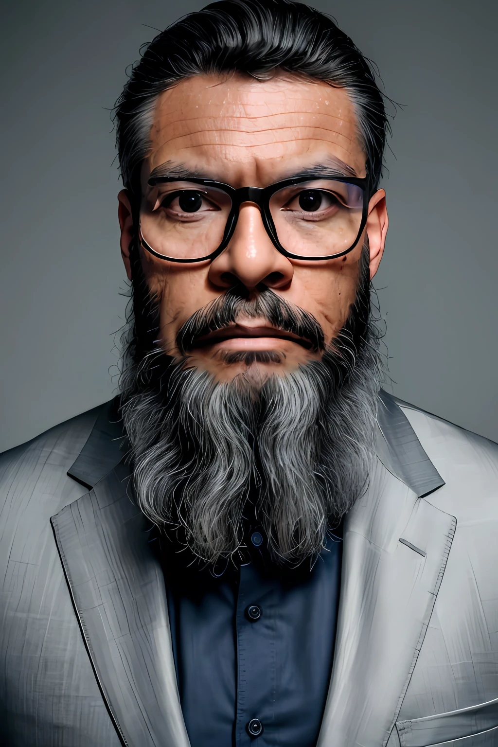 RAW photo, portrait of a man, glasses, with a beard in a grey suite, full sharp, detailed face, black eyes, (high detailed skin:1.2), 8k, uhd, dslr, soft lighting, high quality, film grain, Fujifilm XT3