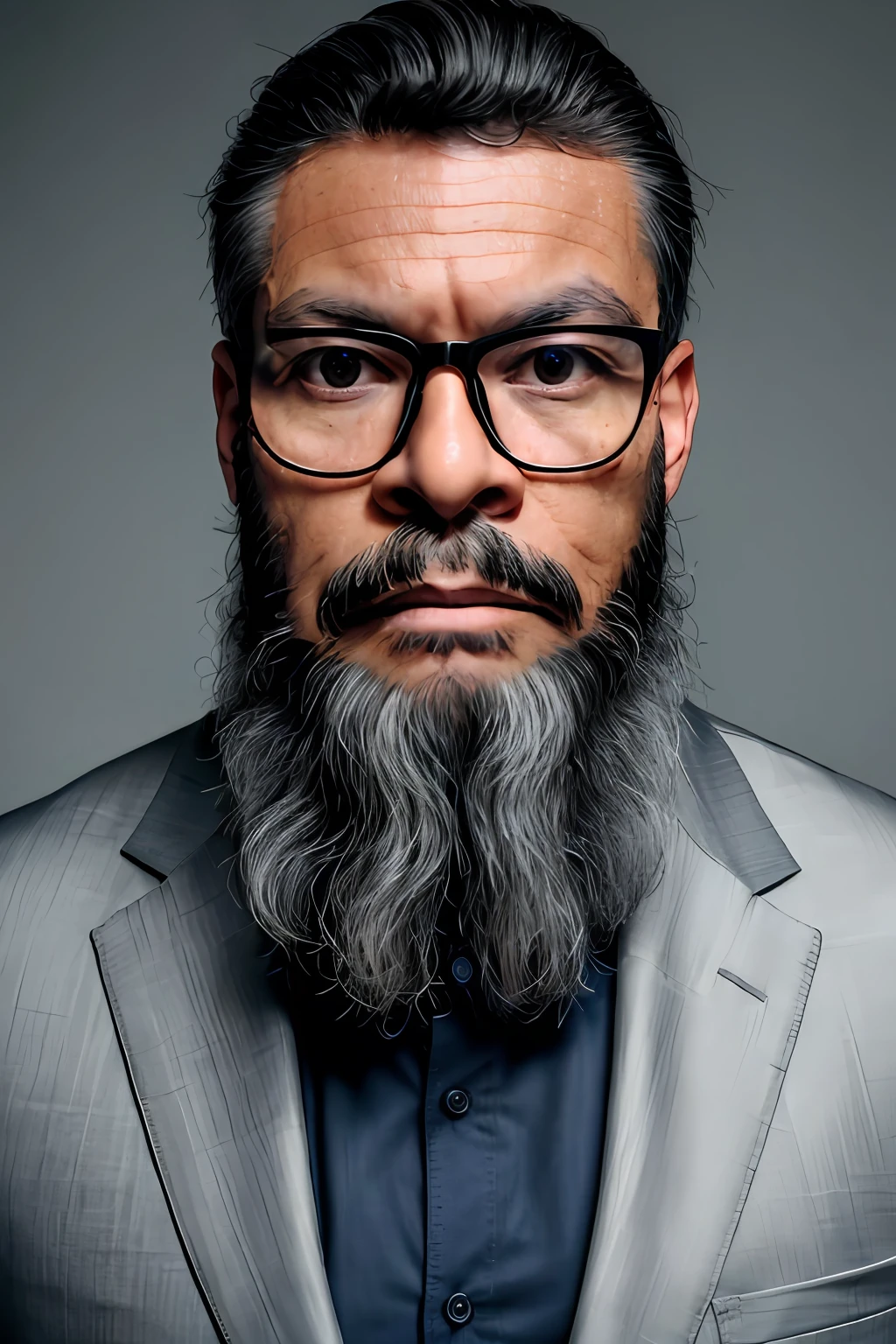 RAW photo, portrait of a man, glasses, with a beard in a grey suite, full sharp, detailed face, black eyes, (high detailed skin:1.2), 8k, uhd, dslr, soft lighting, high quality, film grain, Fujifilm XT3