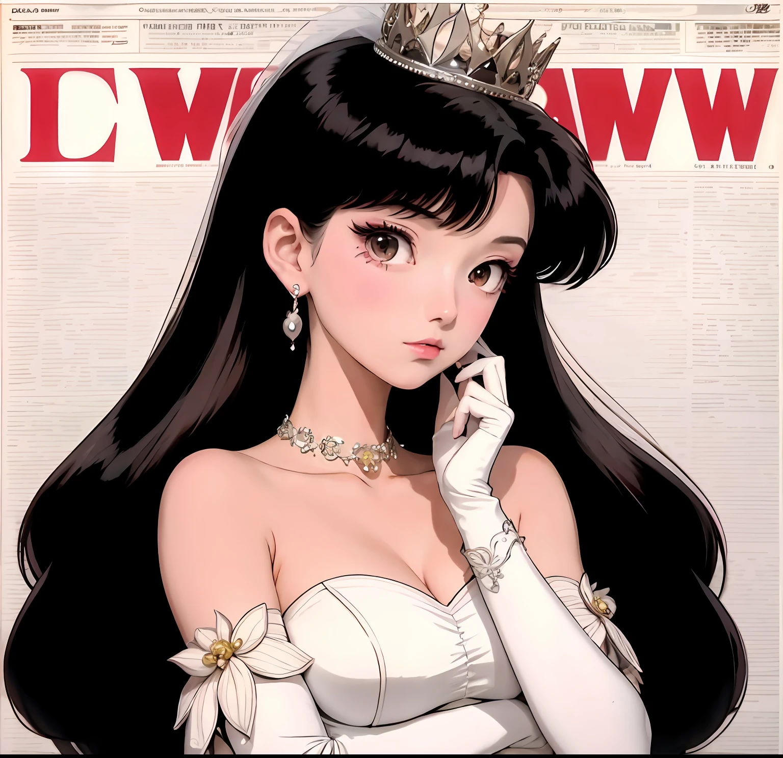 Close-up of woman in wedding dress on magazine cover, rei hino as a princess, Retro anime girl, anime visual of a young woman, 9 0 s anime art style, in the art style of 8 0 s anime, anime woman, 8 0 s anime art style, white hime cut hairstyle, Anime princess, anime barbie in white