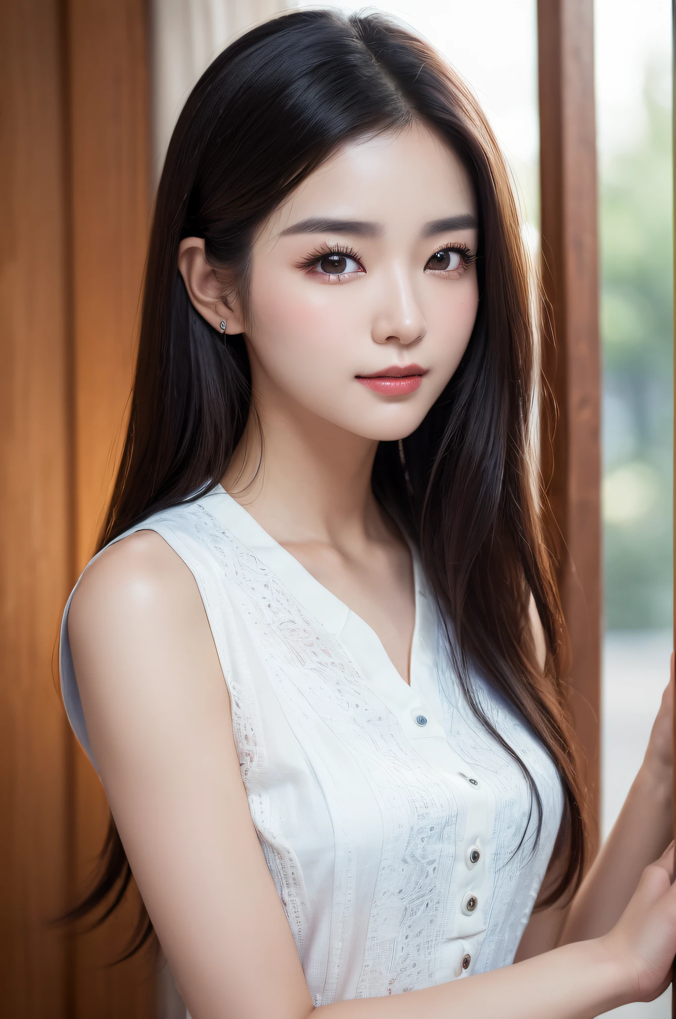 ((best qualtiy、8k masterpieces:1.3))、foco nítido:1.2、(ultra beautiful faces:1.0)、(shinny skin:1.0)、photos realistic、A dark-haired、Video Lighting、High-definition eyes and face、Video Lighting、(cowboy  shot:1.3)、(Korean Cute Actress)、from the front side、medium large breasts、ssmile、Sleeveless、Wearing a white blouse