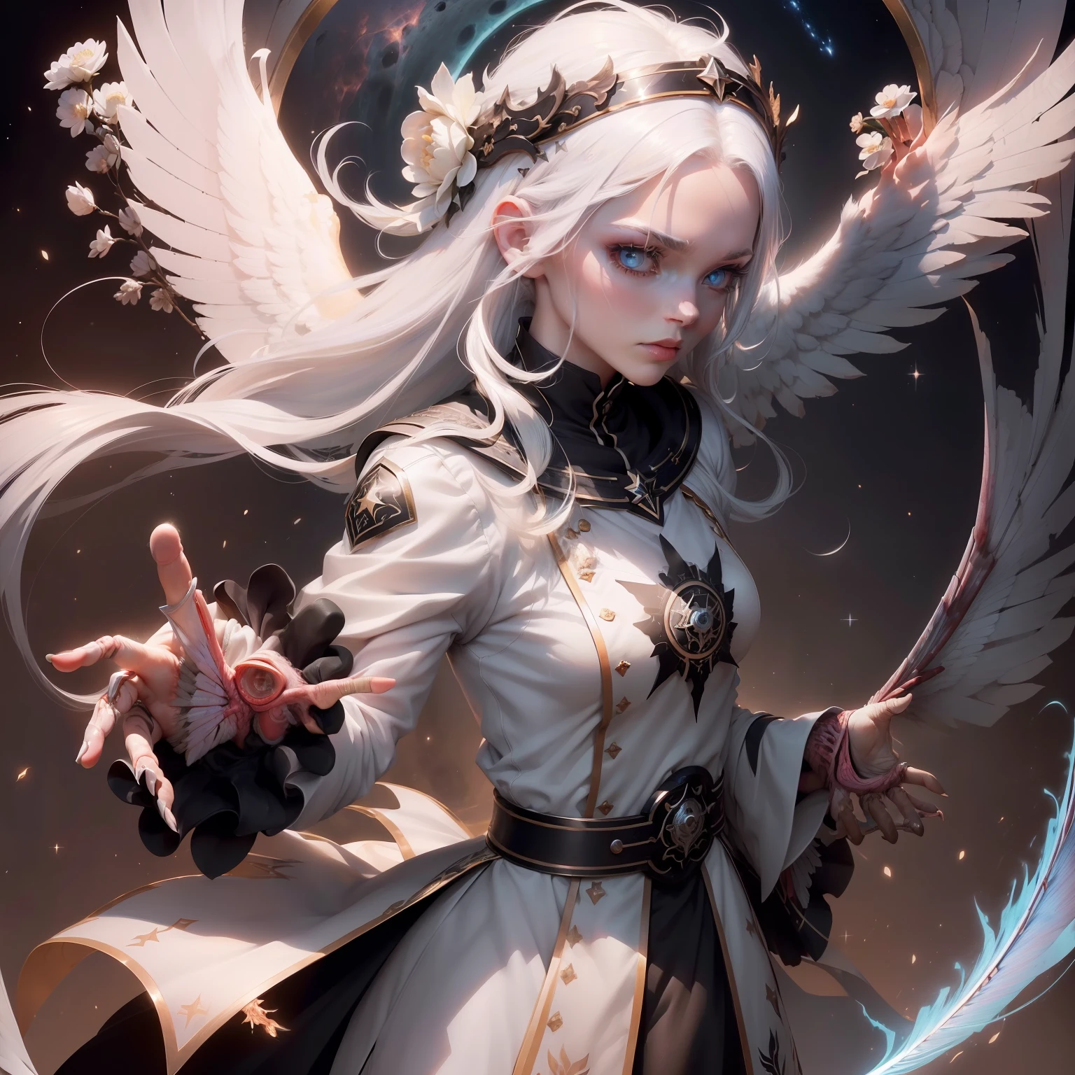 White hair, Sterne im Hintergrund, Rosa Aura um die Person, (Magische Aufladungsattacke), ((Gute Augen)), ((funkelnde Augen)), Blume im Haar, ((Good wing)), large ((Planeten im Hintergrund)), (((leuchtende hellblaue Augen))), ((Gute Augen)), ((Goddess)), (((good hair and wing))), ((((((good hand)))))), ((((((((good anatomy)))))))