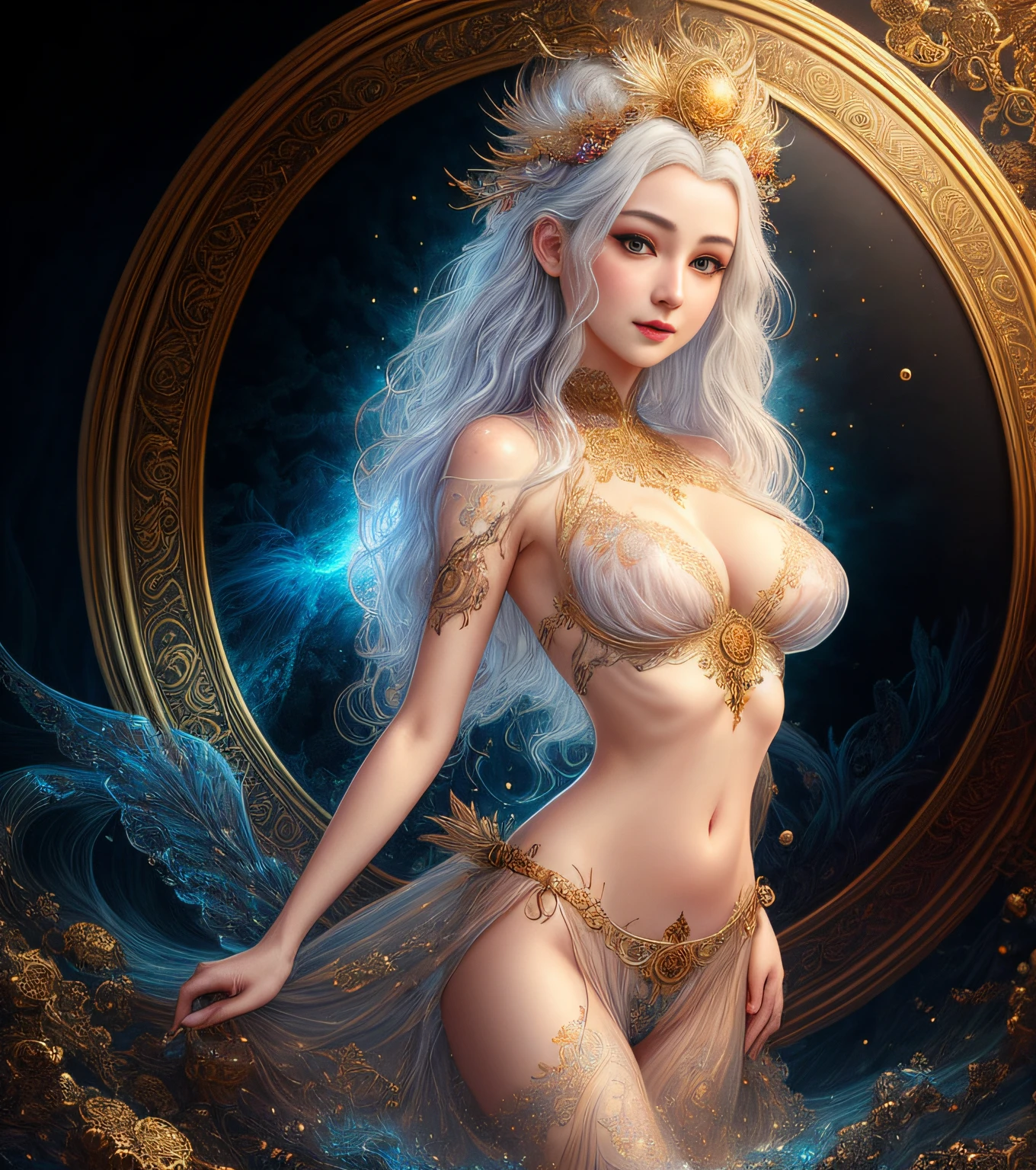 face by tom bagshaw art station,, Moon Goddess, Full Length Figure, Contemptuous Gaze, Detailed Face, (Naked: 1.4), (See-Through Lingerie: 1.3), Gold Decoration, Black Plain Background,beautiful caucasian girl close-up, body in dynamic movement, oil, digital art, splash, full body,art by Sakimichan,oriental mandala tattoo, fractal background, silver and gold and bronze spirit,floating antique clock, lamp ancient, splash,seductive pose, visible pubic hair, breasts visible,full body,beautiful European Caucasian Girl, Beauty, sexy, bare breast, cleavage, bare legs, see-through, standing, hanfu, wet, clear, realistic, highest detail, dragon pattern, phoenix, sacred, holy, golden mountains, heavenly palace, countless palaces, clouds, golden light, golden lotus, (tianchi bath), view of pubic hair,splash, full body,art by Sakimichan,slight smile,plash,seductive pose, visible pubic hair, breasts visible,full body,Transparent clothing, slight smile,Jean-Baptiste Monge style, bright, beautiful , splash, Glittering , cute and adorable, filigree, , rim lighting, lights, extremely , magic, surreal, fantasy, digital art, , wlop, artgerm and james jean,floating antique clock, lamp ancient, splash,floating antique clock,face by tom bagshaw art station,, The perfect masterpiece,Highest quality,Perfect artwork,8K, Upper Body Lens,front portrait,Delicate face,Watching the audience, beautifuGirl,Magical transparent eyes,white hair,Red background, Digital Art,plane illustrations,colorful illustration,minimalist style,anime cartoon style,face by tom bagshaw art station, view of pubic hair,Goddess maiden, gorgeous, splashing, flame, flowing pen and ink,full female body, beautiful caucasian girl close-up, body in dynamic movement,fluid, 3d fractals, light particles, spirit ink, smooth, shimmery, dreamy glow, 16k, sf, complex art masterpiece, Transparent clothing, slight smile,, open legs, view of pubic hair, 1 sexy girl in transparent forest clothes,exposed breasts, open transparent t-shir