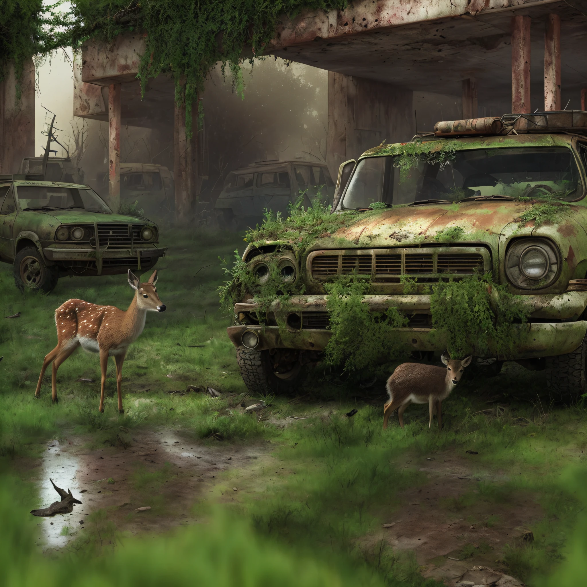 Two deer stood in the grass, Post apocalyptic scenario, Abandoned vehicles, post apocalyptic atmosphere, post apocalyptic landscape, post apocalyptic background, post apocalyptic world, post - apocalyptic wasteland, post apocalyptic wasteland, Abandoned cars, post-apocalyptic setting, in a post-apocalyptic wasteland, Wild scenes, Post-apocalyptic view, post-apocalyptic hellscape, postapocalyptic
