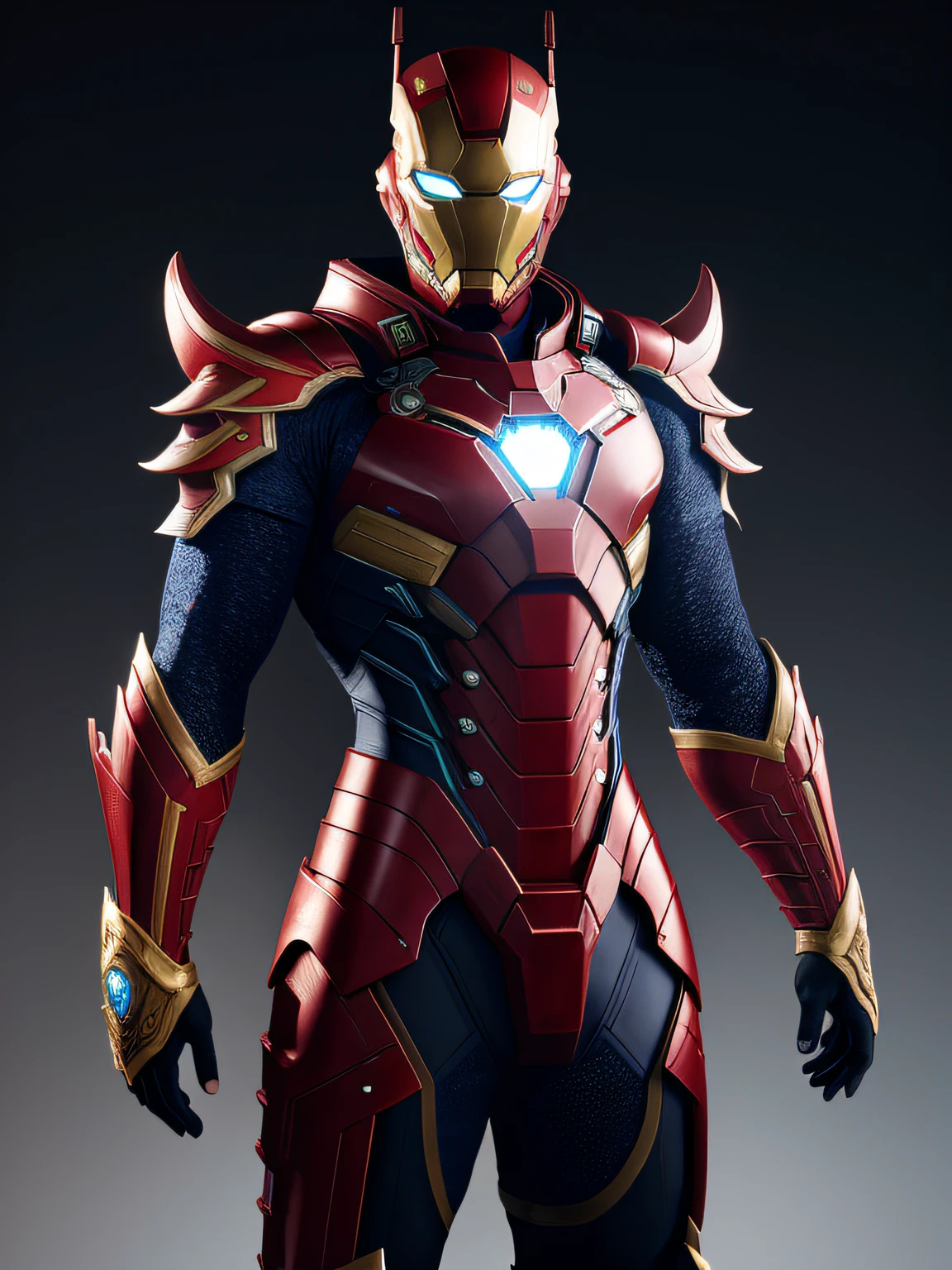 Chinese flag color matching armor，The armor is embedded with dragon scales，Refer to the Iron Man Warframe，Chinese fairy tale background，The upper part of the body，HD realistic HD digital art, A detailed, skin texture, ultra - detailed, realistic skin textures, armure, best qualityer