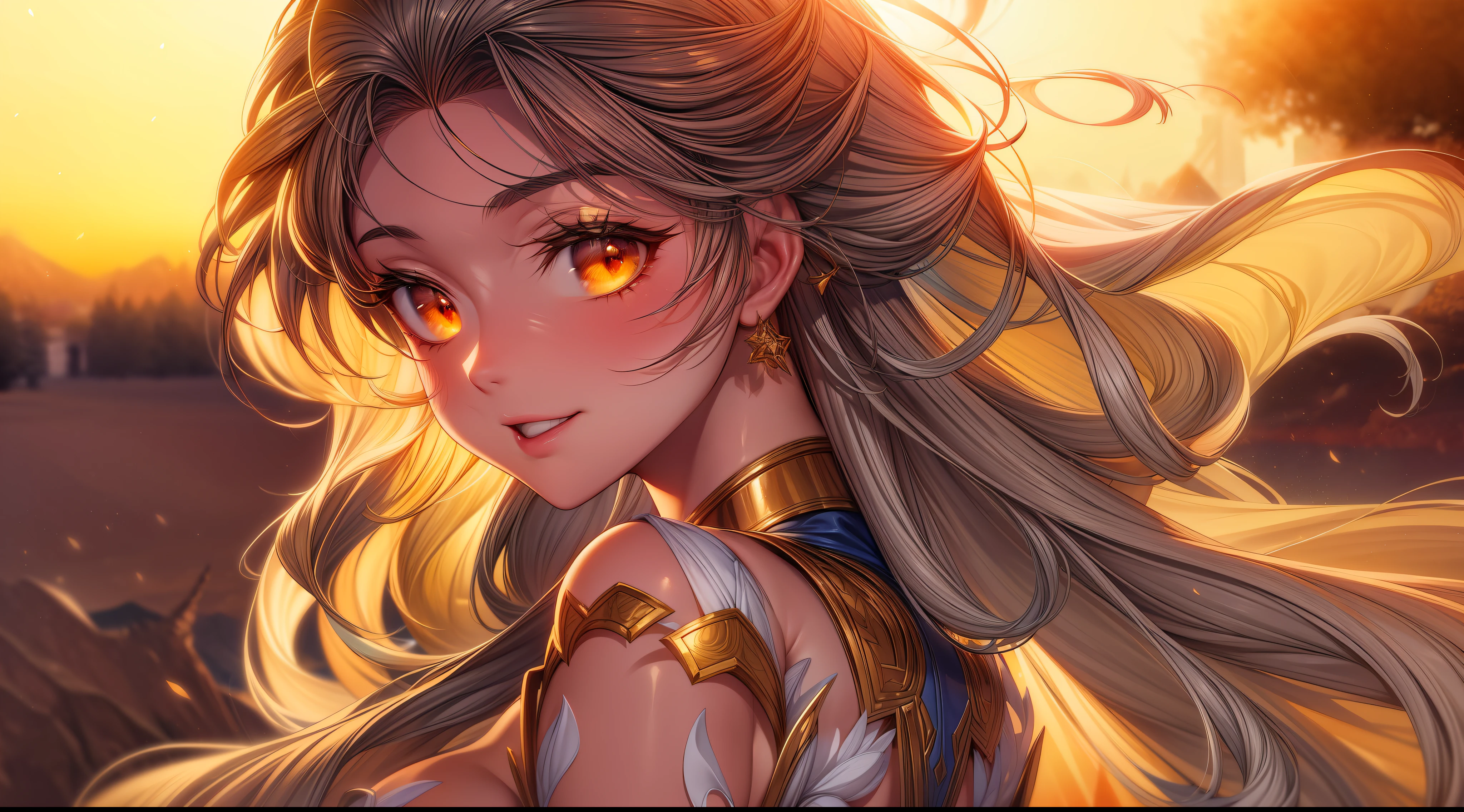 The "golden hour" is a term used in photography and cinematography to describe the time of day just after sunrise or just before sunset when the natural light is soft and warm, and the colors in the sky and on the landscape are particularly vivid and beautiful.In anime, the golden hour is often depicted through stunningly detailed and vibrant backgrounds, with the warm hues of the sun bathing the scenery in a rich, golden light. Characters might be shown basking in the glow of the sunset, their silhouettes sharply defined against the brilliant sky. The mood during the golden hour in anime is often peaceful, introspective, or romantic, as characters reflect on the beauty of the world around them.The golden hour is frequently used in anime to create a sense of wonder and awe, capturing the beauty of the natural world and inviting viewers to appreciate the fleeting moments of magic that can be found in everyday life. close POV, young anime girl wearing a beautiful dress, beautiful orange eyes sparkling, golden hour sunset, golden hour, golden hour scenery, smiling at the camera, elegant pose, looking at the viewer, fantasy art style, character portrait, drawn in medibang paint, 4k wallpaper, aesthetic, masterpiece, award-winning photography, macro photography vivid colors, photorealistic, atmospheric, cinematic, moody, rule of thirds, majestic, detailed, perfect anatomy cowboy shot, contrapposto, looking at viewer, highres, superb, 8k wallpaper, extremely detailed, intricate, unreal engine 5, volumetric lighting, realistic, realistic lighting, cinematic, 4k, cinematic lighting, 8k, depth of field, 3d, masterpiece, perfect, award-winning, hyper-detailed, photorealistic, ultra realistic, realistic light, hard lighting, intricate details, stop motion, hyperfocus, tonemapping, sharp focus, hyper detailed, detailed eyes, eyes focus, (illustration:1.1), highres, (extremely detailed CG unity 8k wallpaper:1.1), (mid shot1.25), (portrait:1.25), (solo:1.2), 1girl, (beautiful fac
