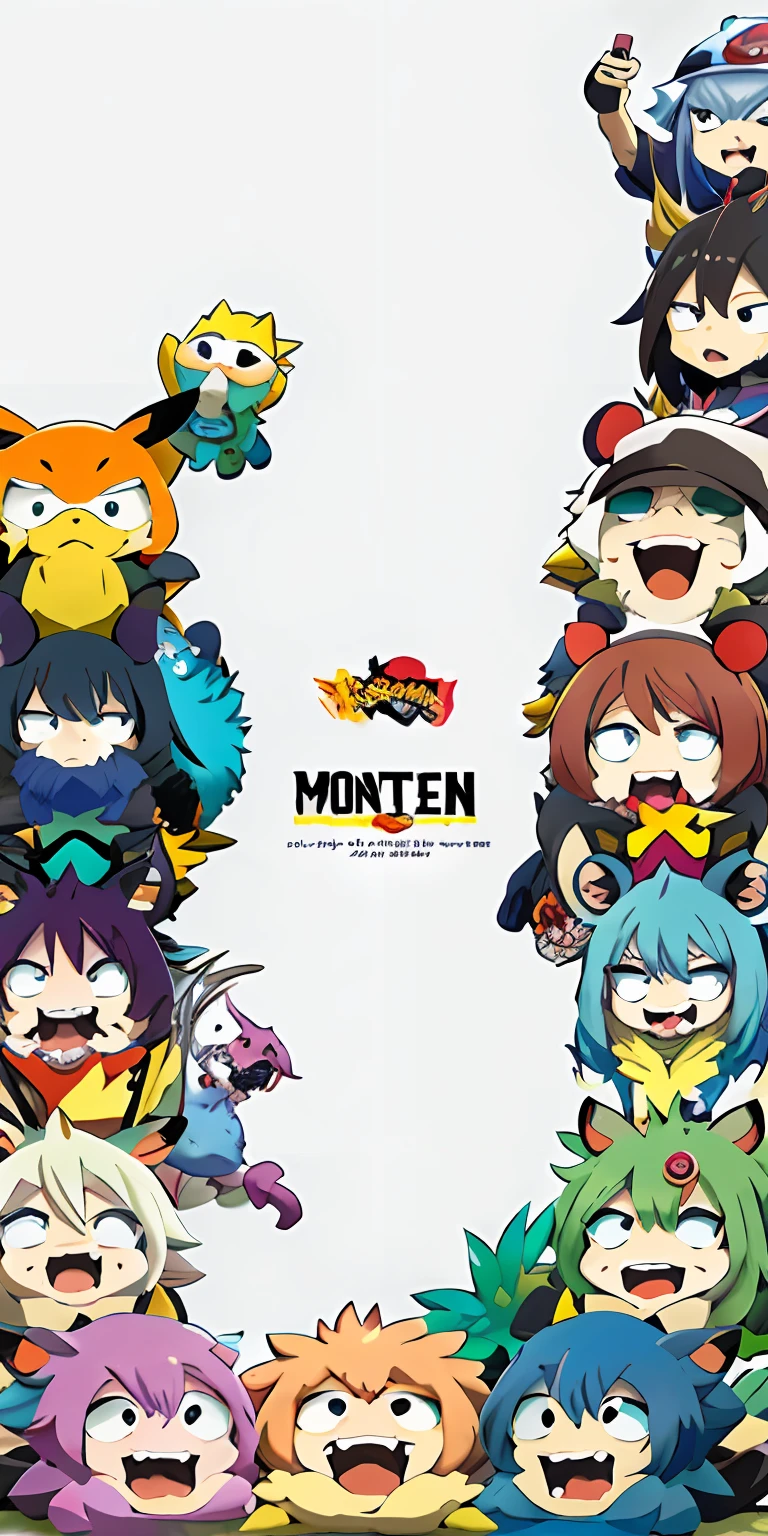 There are many Pokemon characters of different colors in this picture, Official artwork, official fanart, offcial art, (Monster), album covers, maplestory mouse, Moist, ((Monster)), Character Album Cover, monster hunter monster, album covers, Monster, monster design, album covers, official poster artwork, The cover of the game, Cover art, Moe, monster character design
