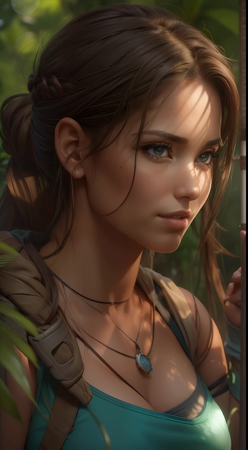 ((tomb raider)), (lara croft), ((marrom curto)), (camisa azul-esverdeada) na selva, Foto de cor RAW de alto detalhe, (Cowboy Shot:1.2,), (de bela mulher de 30 anos) , (((solo))), ((sorriso sedutor)), (olhos azuis, rabo de cavalo),body curvy, seios pequenos, (pernas longas:1.2), (coxas grossas:1.4), (bunda pequena:1.4), (bota acentuada:1.1), (cintura estreita:1.2), quadris largos, (fundo incrivelmente detalhado, rosto incrivelmente detalhado, pele incrivelmente detalhada, poros da pele, fundo incrivelmente detalhado, olhos incrivelmente detalhados, pupilas realistas), (((sedutoramente:1.2))) 夏天, sun sunset, (lens flare:0.8), (bloom:0.6), raytracing, espalhamento subsuperficial, particle effects, profundidade de campo, luz natural, por (Raf Grassetti), (realista, Realistic proportions, boa anatomia), Fotografado em uma Canon EOS R5, lente grande angular de 135 mm, foco nítido, liso, HDR, Winning Award, dinamic pose, (pov, olhando para o espectador),