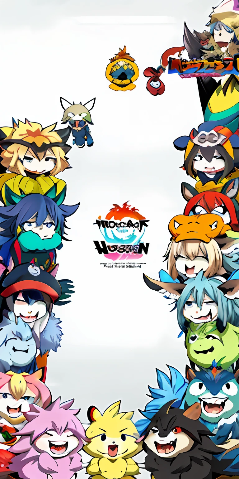 There are many Pokemon characters of different colors in this picture, Official artwork, official fanart, offcial art, (Monster), album covers, maplestory mouse, Moist, ((Monster)), Character Album Cover, monster hunter monster, album covers, Monster, monster design, album covers, official poster artwork, The cover of the game, Cover art, Moe, monster character design