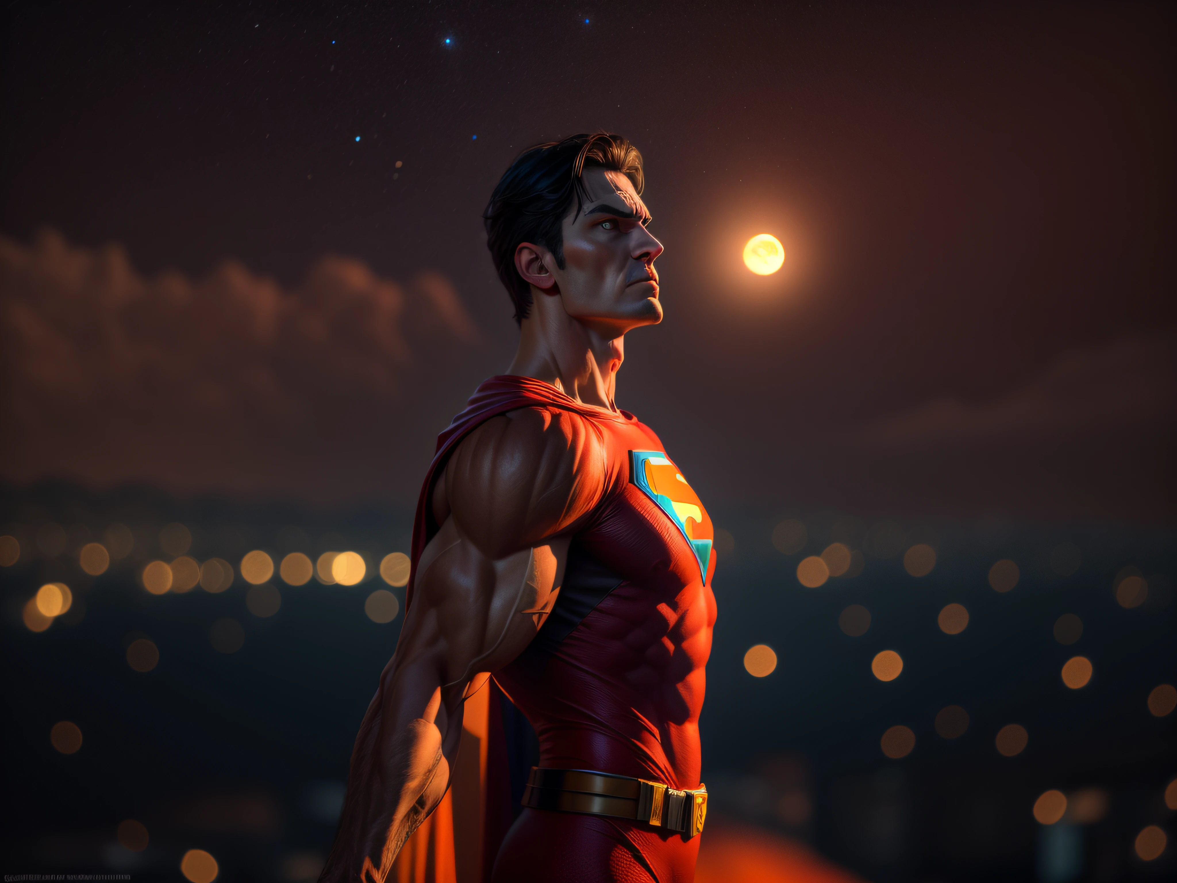 Close a powerful threat, The imposing appearance of the mighty Superman dressed in orange uniform, menacing stare, ricamente detalhado, Hiper realista, 3D-rendering, obra-prima, NVIDIA, RTX, ray-traced, Bokeh, Night sky with a huge and beautiful full moon, estrelas brilhando, 8k,