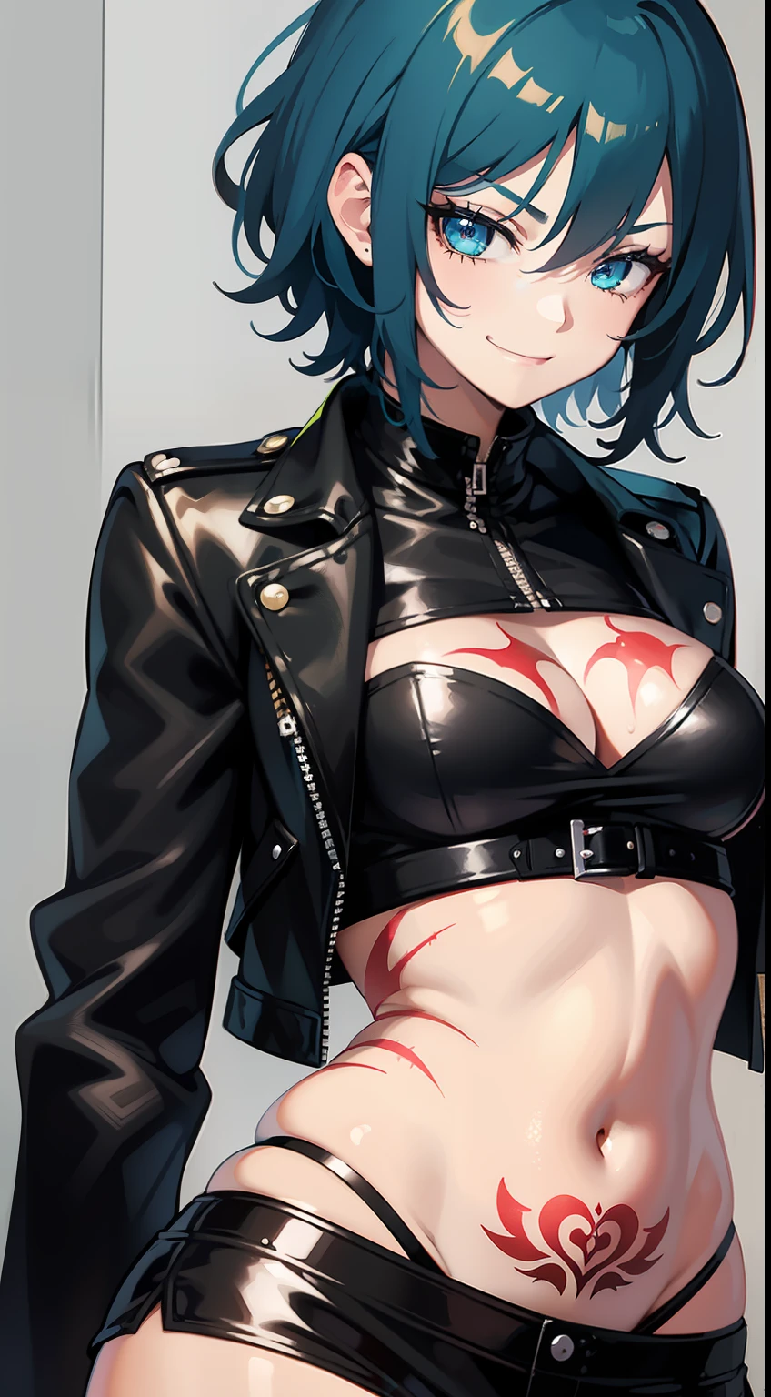 young girl, Short blue hair, turquoise eyes, punk, Scars, tattoo, smirk, open belly, open breasts, black leather jacket, Black leather skirt, Masterpiece, hiquality