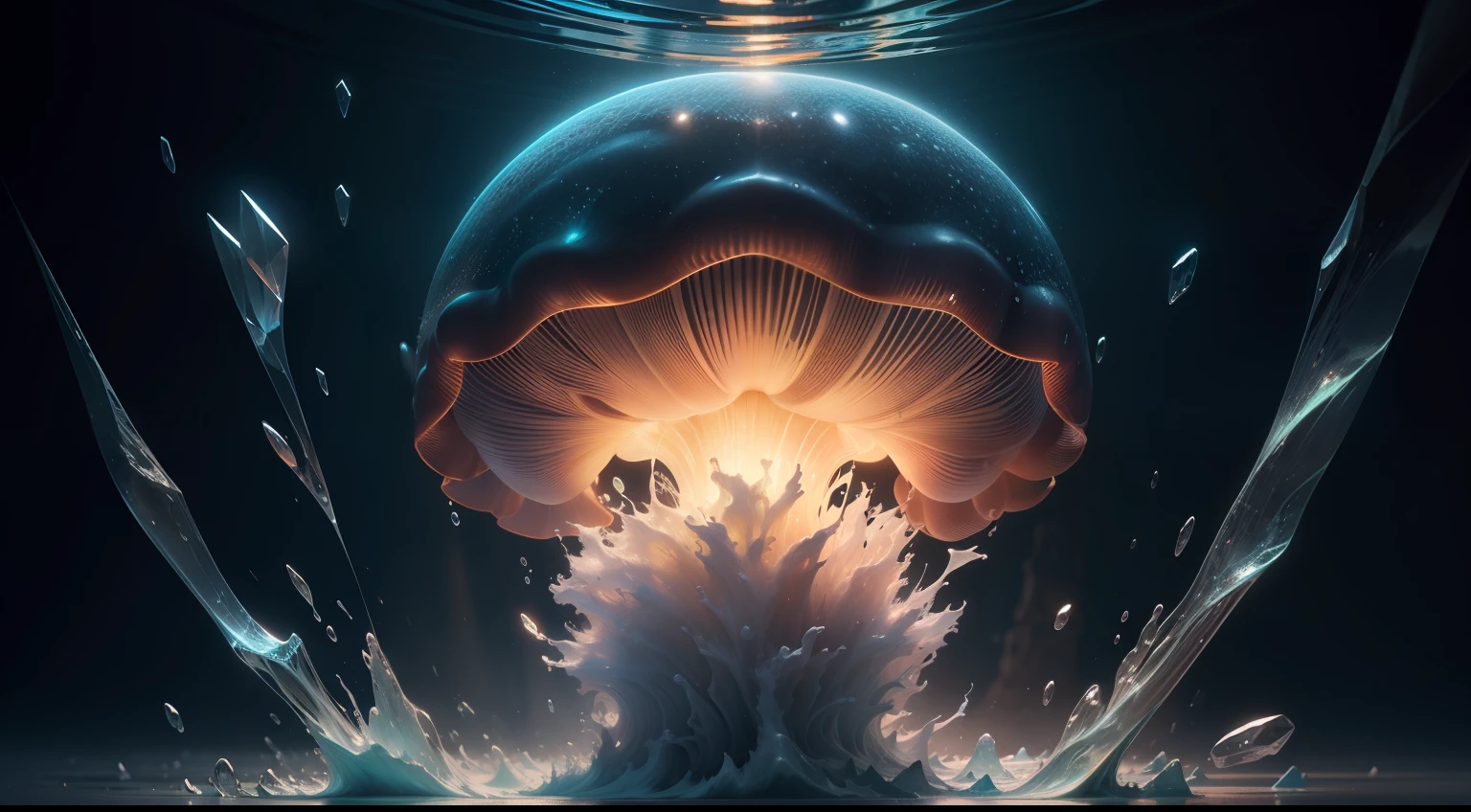 Deep sea jellyfish, crystal clear, macro range, dazzling, deep sea, mottled, water waves, dispersion, ray tracing, dim light photography, black background, photography, intricate, ultra detailed, professional lighting, illusion engine, fantasy, concept art, sharp focus, illustration, 8K has magical and luxurious quality. Colorful full light. Advertising, photo realism, ultra details, ray tracing, HDR, 16K-ar 16:9-q.