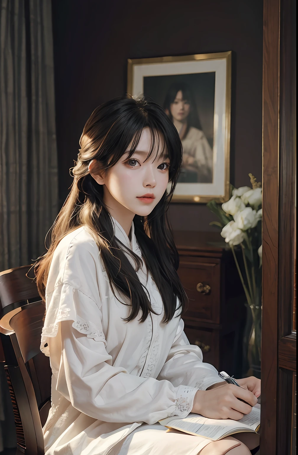 （RAW photos，best qualtiy），（Realiy，photographrealistic：1.3），best qualtiy，highly  detailed，tmasterpiece，ultra - detailed，illustratio，1girl，dynamic angle，World Mastery Theatre，Long messy hair，best qualtiy，Very detailed CG Unity 8k wallpaper，ink，astounding，Silk nightdress，电影灯光，lens