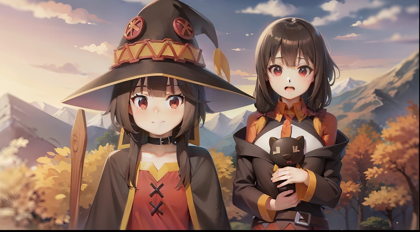 Make a work of art of the characters, megumin e  yunyun, na floresta, bem fofas, bem detalhadas.