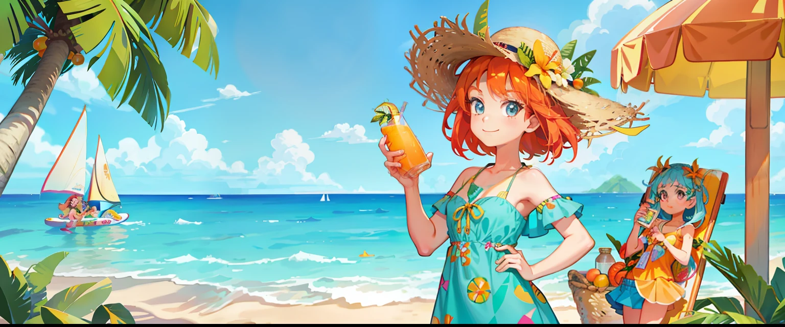 Cartoon girl in tropical dress holding a bottle of orange juice, the goddess of summer,beach party, sandbeach,surfboard,European and American cartoons,Disney style,by Pixar