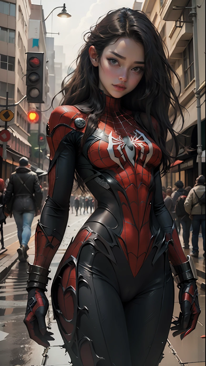 Beautiful woman detailed defined body using spider man cosplay, small breasts