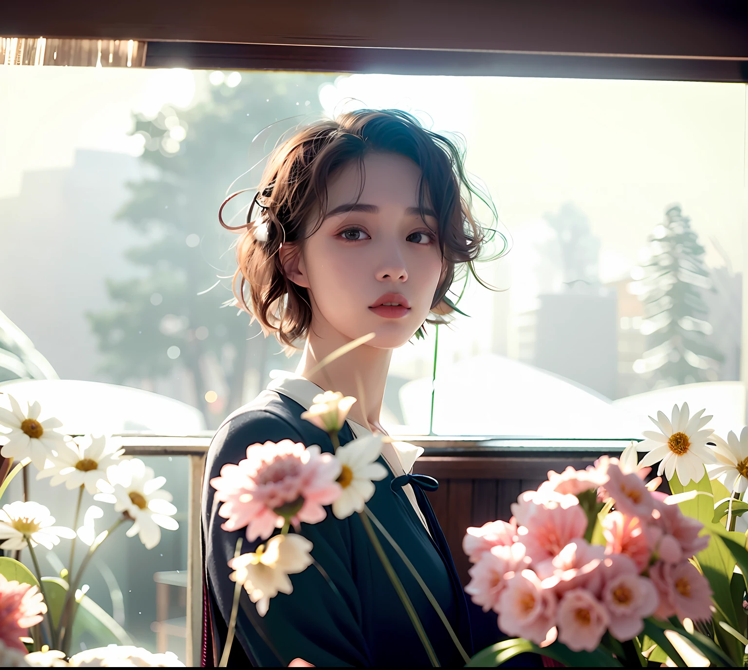 there is a woman that is standing in front of a window,Flowers in hand, in style of petra collins, author:Kikukawa Sakaeyama, rinko kawauchi, author:Torii Kiyomoto, Kim Tae-joon, author:Kiyohara Tama, author:Hiroshi Yamagata, author:Nobusada Yanagawa, with short hair, kiko mizuhara