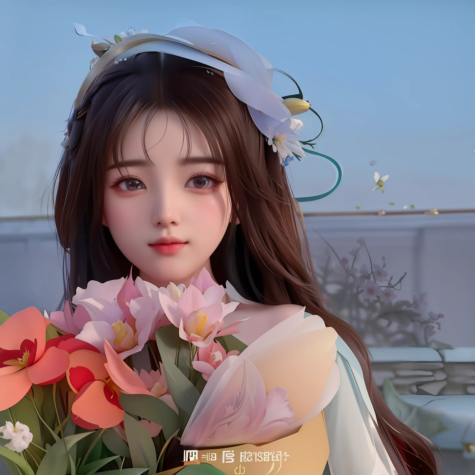Long-haired Araved woman holding a bouquet of flowers, With flowers, inspired by Ma Yuanyu, Inspired by Huang Ji, dilraba dilmurat, her face looks like an orchid, Middle metaverse, Inspired by Song Maojin, bae suzy, by Yang J, Inspired by Tang Yifen, with frozen flowers around her