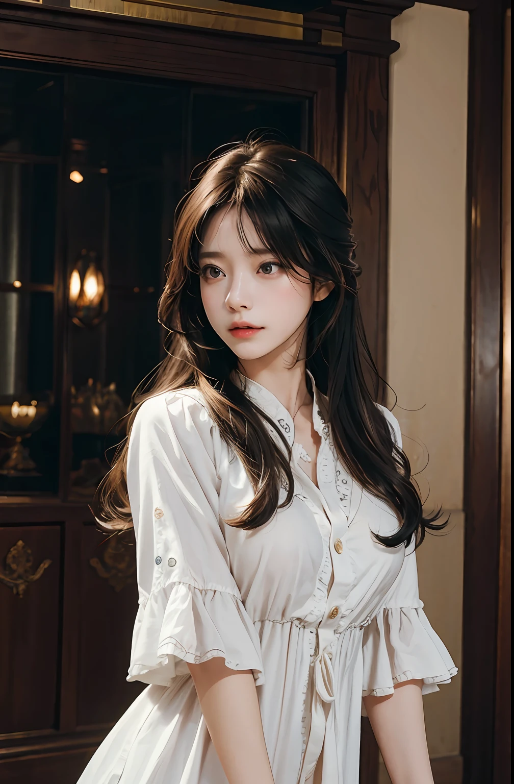 （RAW photos，best qualtiy），（Realiy，photographrealistic：1.3），best qualtiy，highly  detailed，tmasterpiece，ultra - detailed，illustratio，1girl，dynamic angle，World Mastery Theatre，Long messy hair，best qualtiy，Very detailed CG Unity 8k wallpaper，ink，astounding，Silk nightdress，灯光，lens