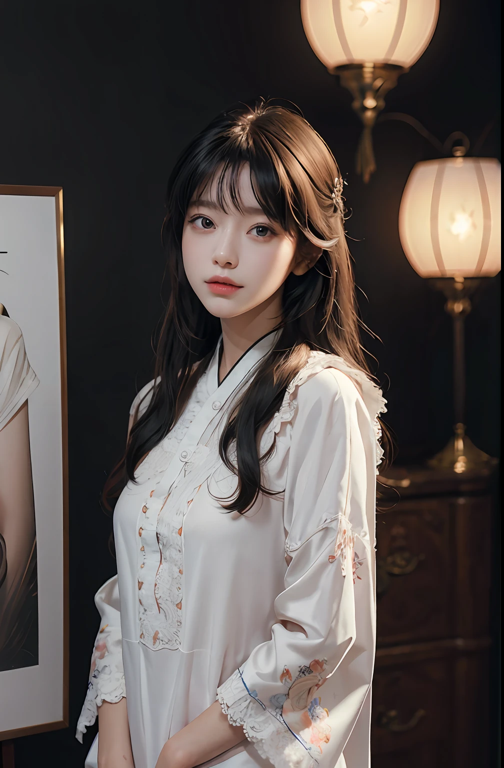 （RAW photos，best qualtiy），（Realiy，photographrealistic：1.3），best qualtiy，highly  detailed，tmasterpiece，ultra - detailed，illustratio，1girl，The upper part of the body，dynamic angle，World Mastery Theatre，Long messy hair，best qualtiy，Very detailed CG Unity 8k wallpaper，ink，astounding，Silk nightdress，电影灯光，lens