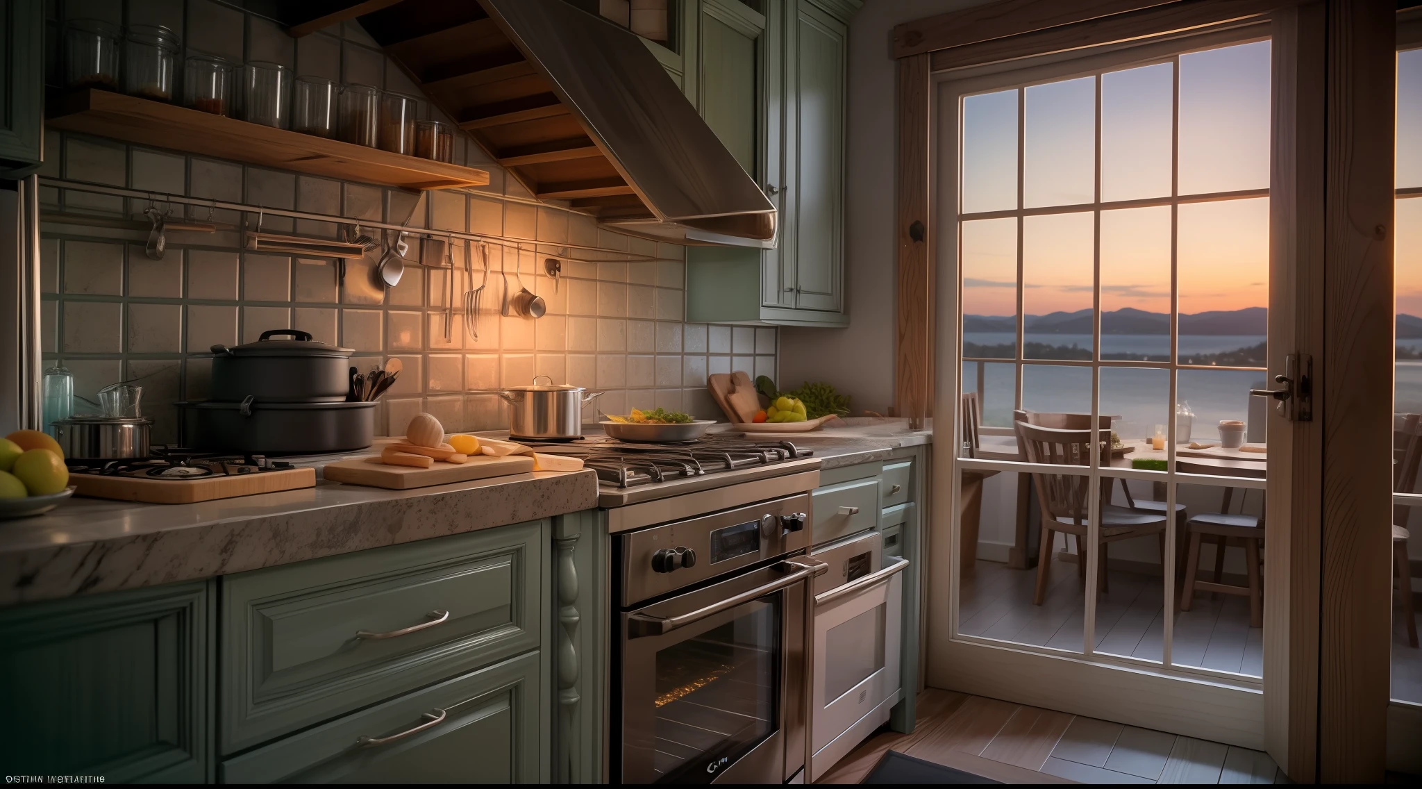 Summer night in the kitchen of a cottage style house with sea view, Very realistic, photograph, Canon, Eye-Level Shot, first-person view, super detail, high details, high quality, 8k