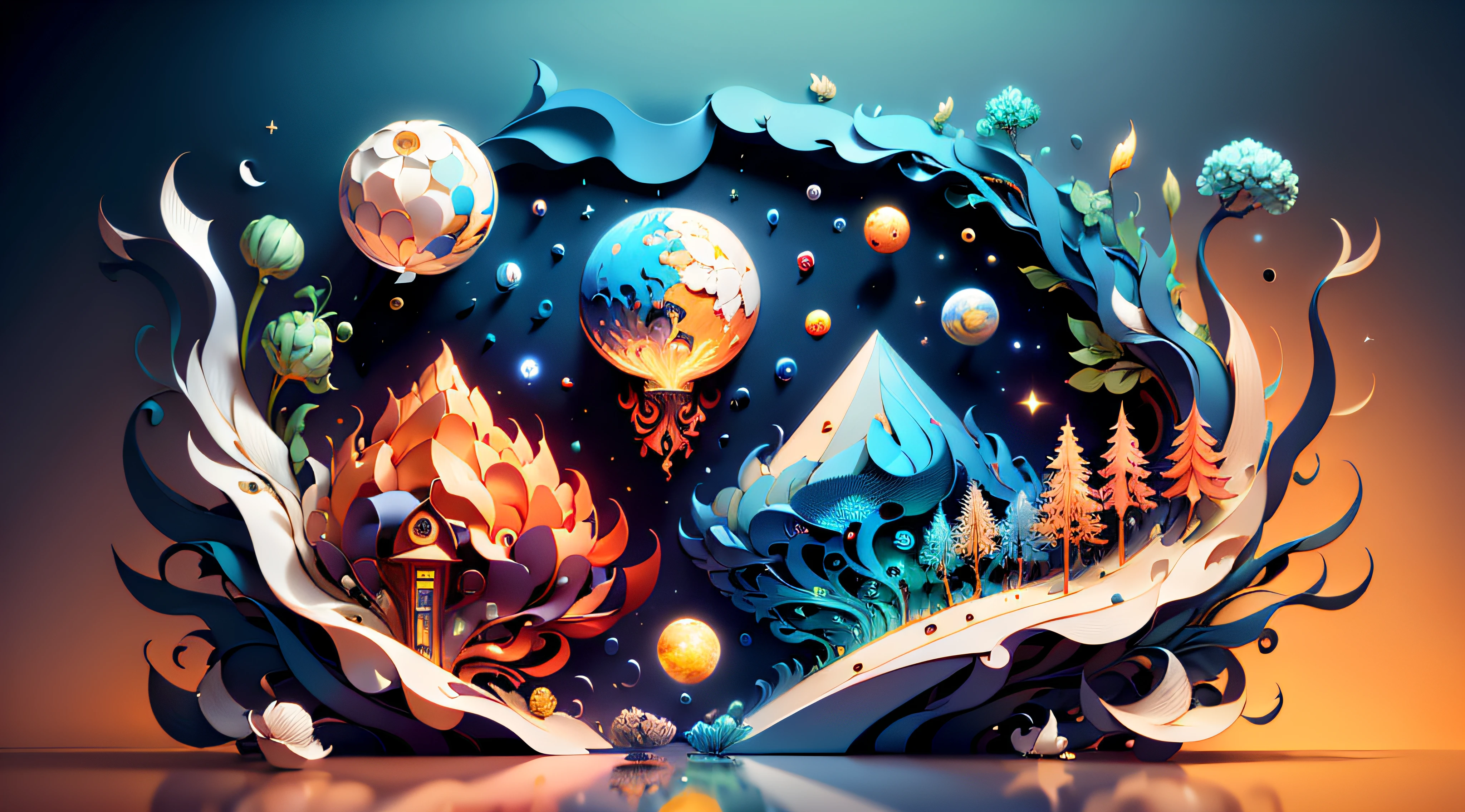 (((masterpiece))),best quality, illustration, earth, water ,fire, wind , space , paper_cut,