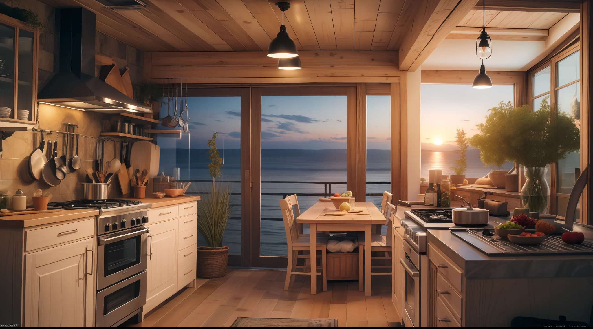Summer night in the kitchen of a cottage style house with sea view, Very realistic, photograph, Canon, Eye-Level Shot, first-person view, super detail, high details, high quality, 8k