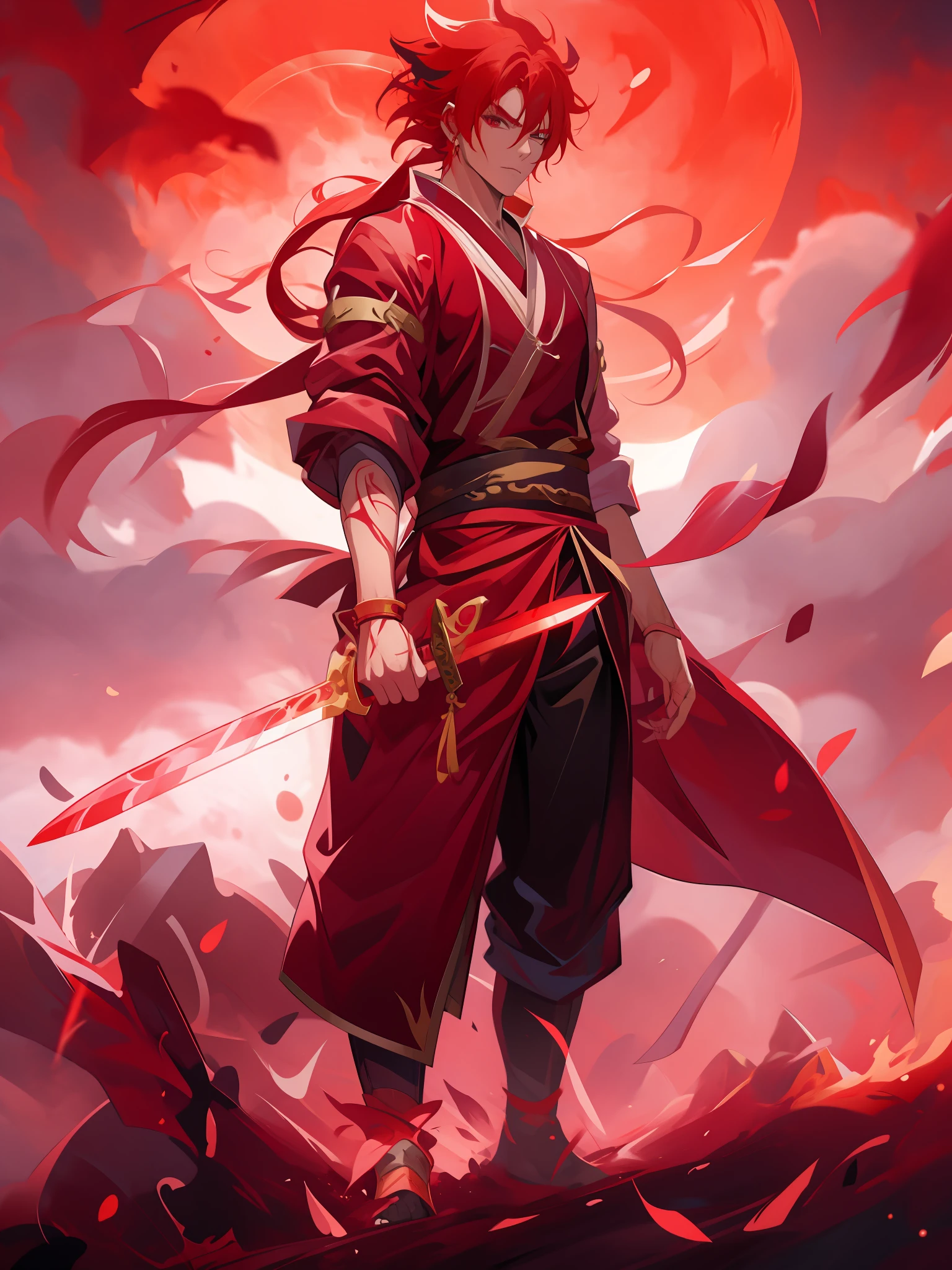 Anime character standing in front of a full moon with sword and red hair, demon slayer rui fanart, demon slayer artstyle, by Yang J, Badass anime 8 K, handsome guy in demon killer art, full-body wuxia, inspired by Chen Jiru, G Liulian art style, Artgerm and Atey Ghailan, Anime epic artwork