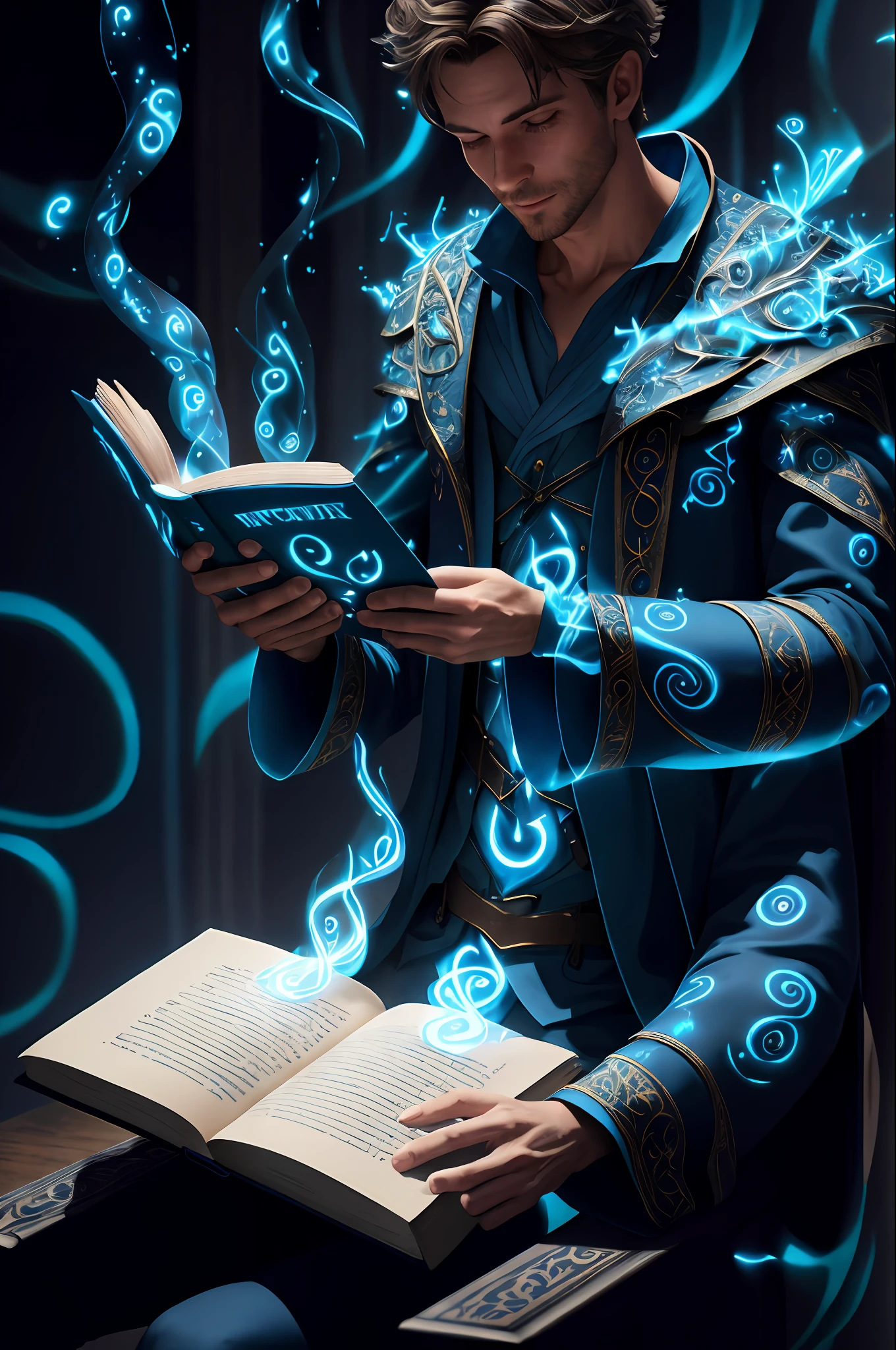 picture of a hand holding a book with glittering light, depicting a magical or supernatural aura. winning, best quality, (masterpiece:1.2), ultra-detail, 8k, uhd, octane render, fantasy, (style-swirlmagic:0.7), realistic,
modelshoot close-up shot of a young male wizard, slender, wizard costume,
reading a magic book, (glowing blue flame swirling around:1.3), 
looking at viewer, 
cinematic lighting,
by greg rutrowski,