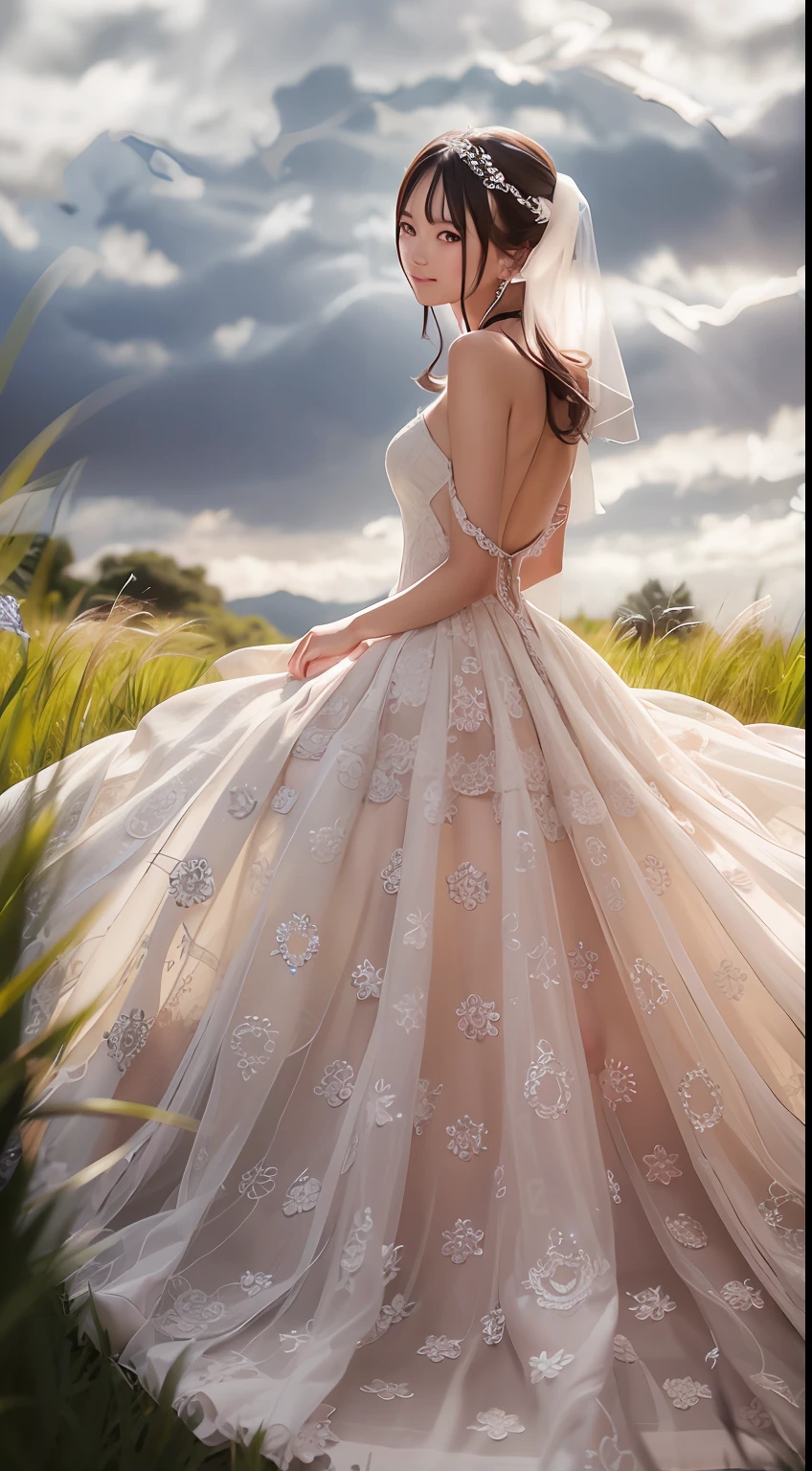 wedding gown,quadratic element,teens girl,light yarn,Side sitting,starrysky,wide angles,grassy fields,Side face