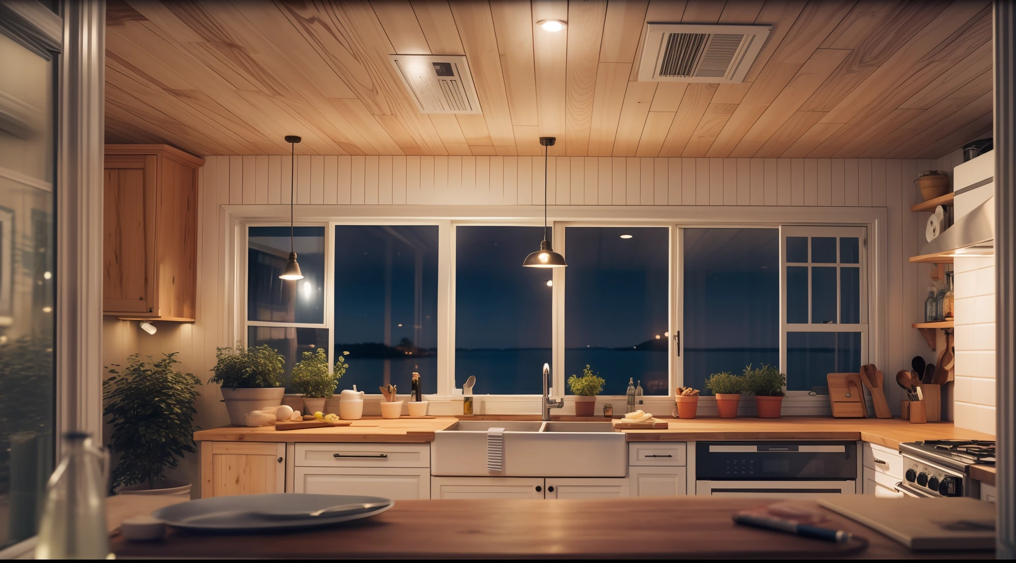 Summer night in the kitchen of a cottage style house with sea view, Very realistic, photograph, Canon, Eye-Level Shot, first-person view, super detail, high details, high quality, 8k