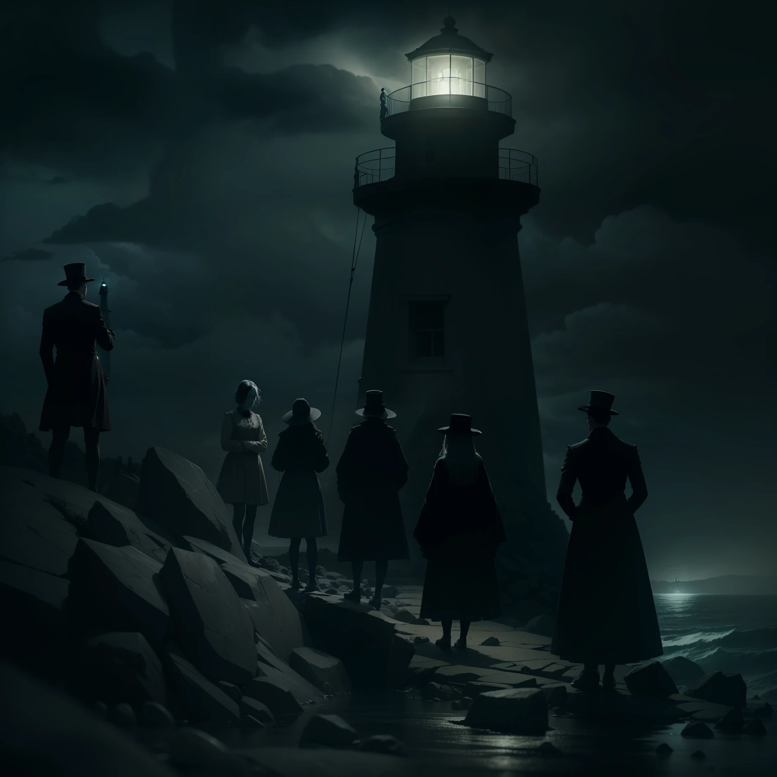 Lighthouse at night, on top of a rock, very dark cloudy nigh sky with eerie mood and horror scenario, shadow creatures  lurking and the sillouete of five people wearing victorian clothes standing in front backs facing the point of view