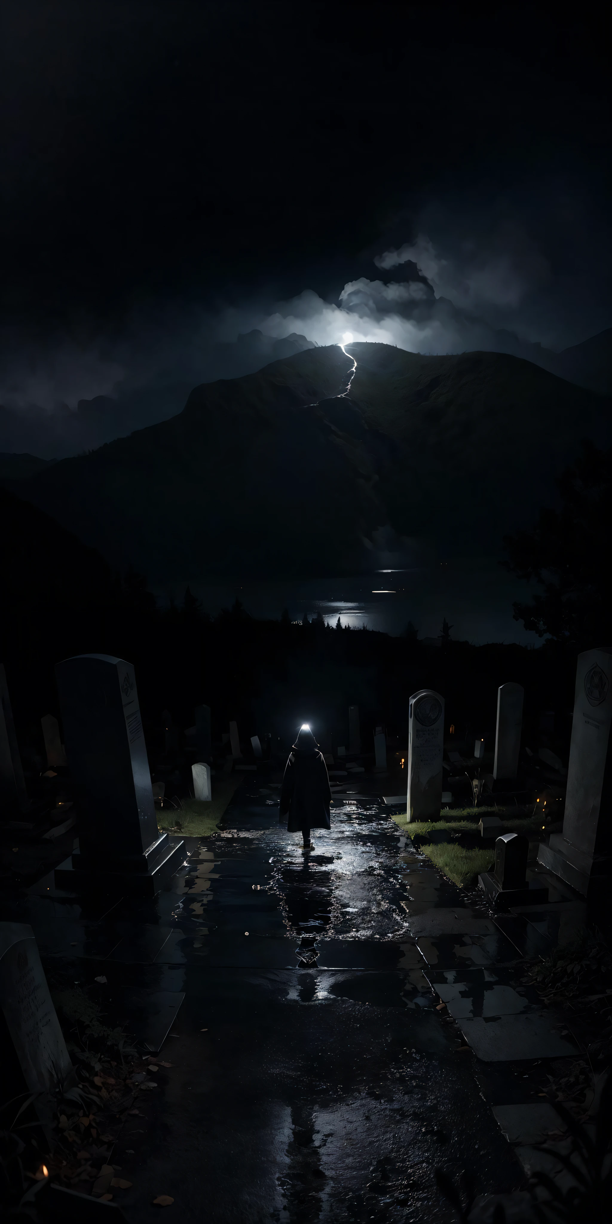 photorealistic, best quality, masterpiece, rainy graveyard, spirit dark theme, dim light, nether, chthonian, gloominess