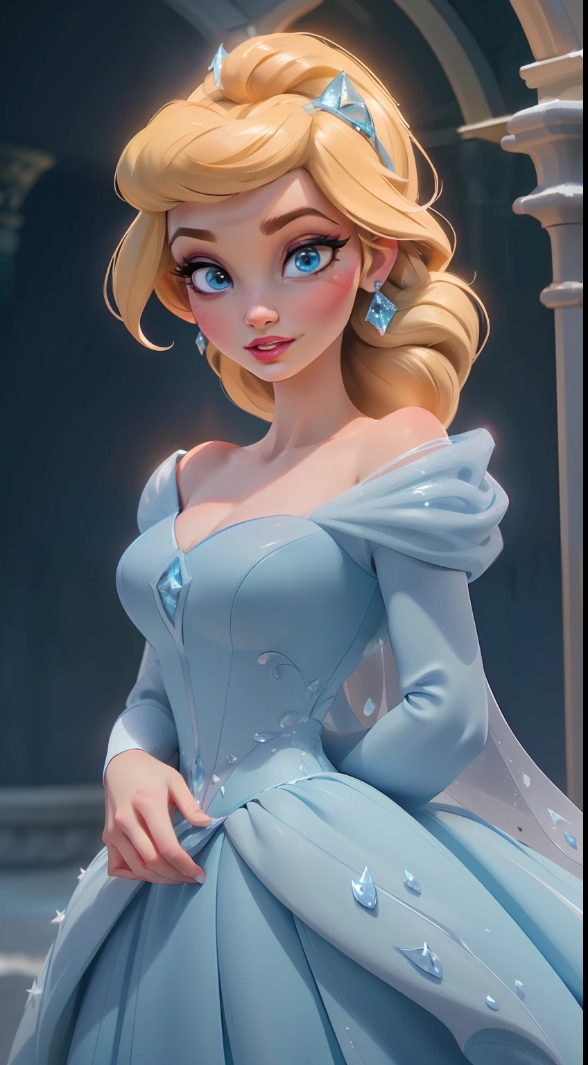 Elsa-Cinderella Fusion, Mesclando modelos, melting, Roupas da Cinderella, 1girl, Beautiful, character, Woman, female, (master part:1.2), (melhor qualidade:1.2), (sozinho:1.2), ((pose de luta)), ((campo de batalha)), cinemactic, olhos perfeitos, pele perfeita, perfect lighting, sorrir, luz, cor, pele texturizada, detalhe, Beleza, maravilha, ultra-detalhado, rosto perfeito