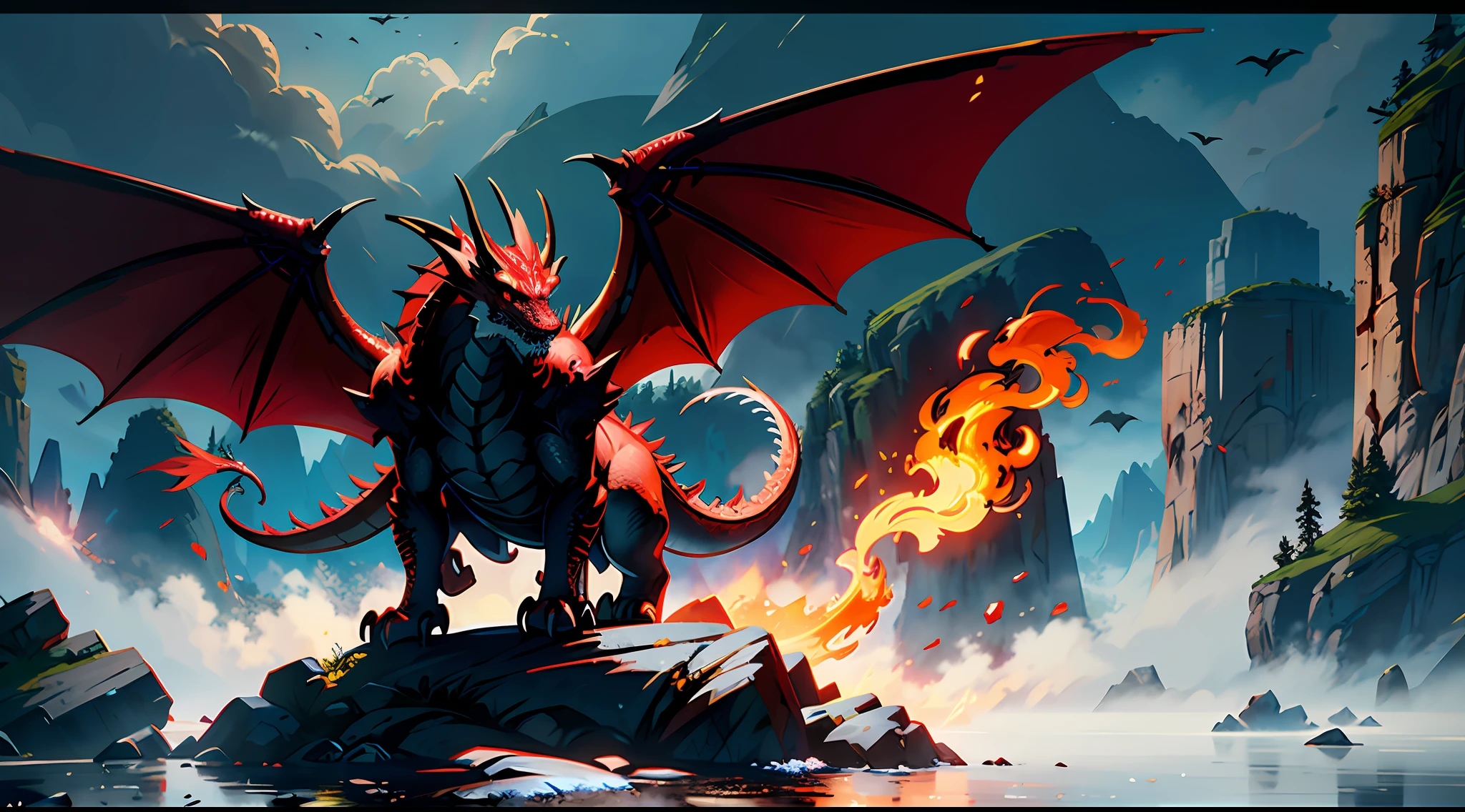 There is a dragon that is standing on a rock with a fire, dragon in dragon lair, red dragon, Unreal motor 4k papel de parede, a red dragon, motor irreal', Drogon, epic dragon, renderizado em unreal engine 4 k hq, renderizado em unreal engine 4k hq, unreal 5 motor renderizado, red and cinematic lighting, renderizado no Unreal Engine 5
