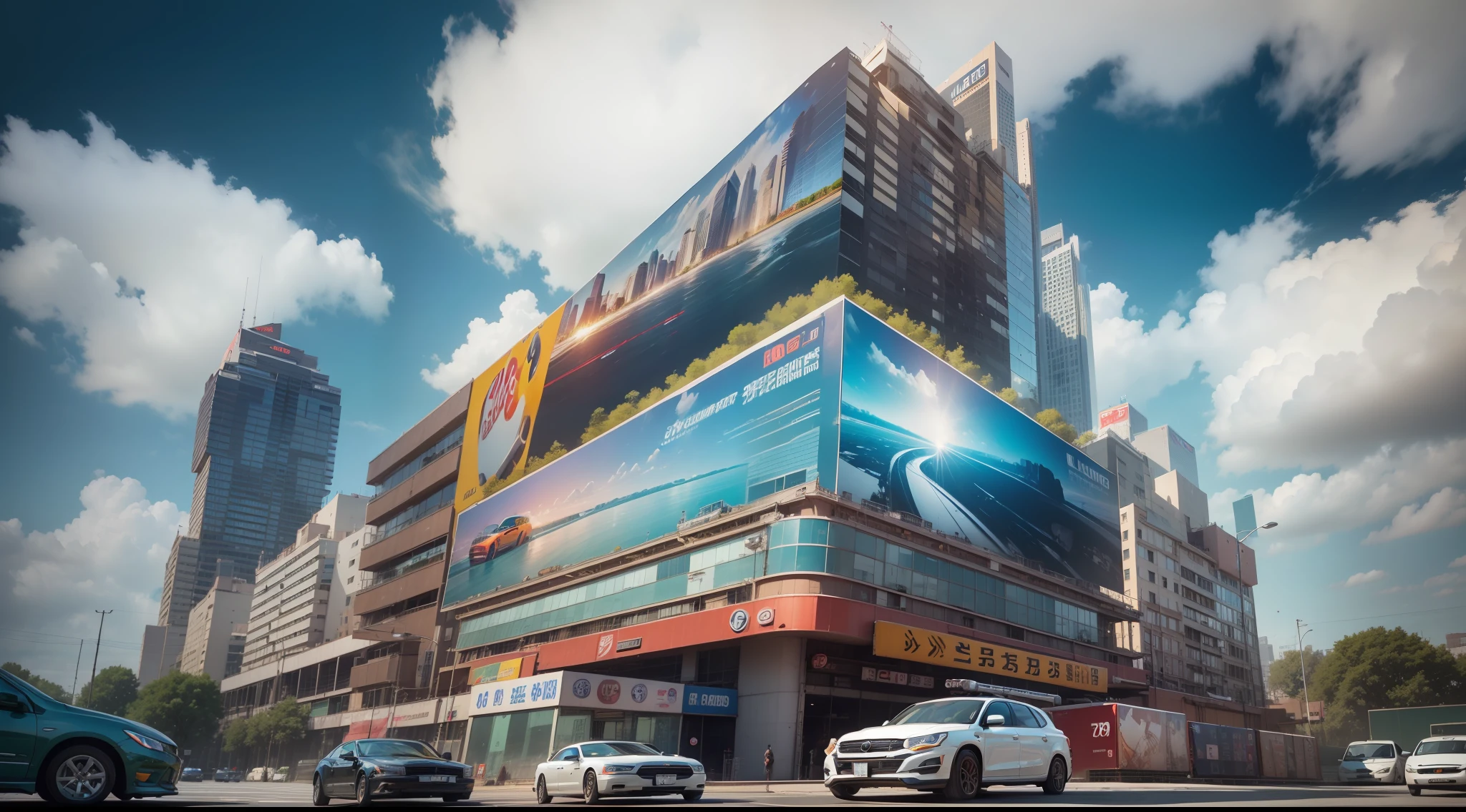 Number 88,The Car,Oil,tires,hyper HD,”ultra realistic,wide wide shot,auto photography,car commercial photograph,Ultra-wide-angle shooting" High-rise buildings,Wide road,Large billboard,with blue sky and white clouds,Super detailed details,8K high-definition,HighestQuali,Oversized billboards on tall floors