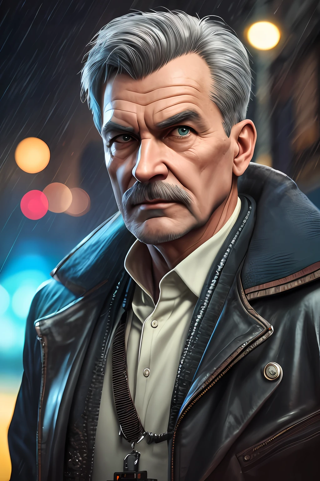 masterpiece, high detail, trending on artstation, realistic, detailed face, overall, a photo of a cyberpunk private detective, old man, dark hair, dirty, drone, Blade Runner city, neo lights, dark, rain, night, RAW, canon r6, wide shot, sharp, blurry background, rule of thirds, dramatic lights, dark shadows