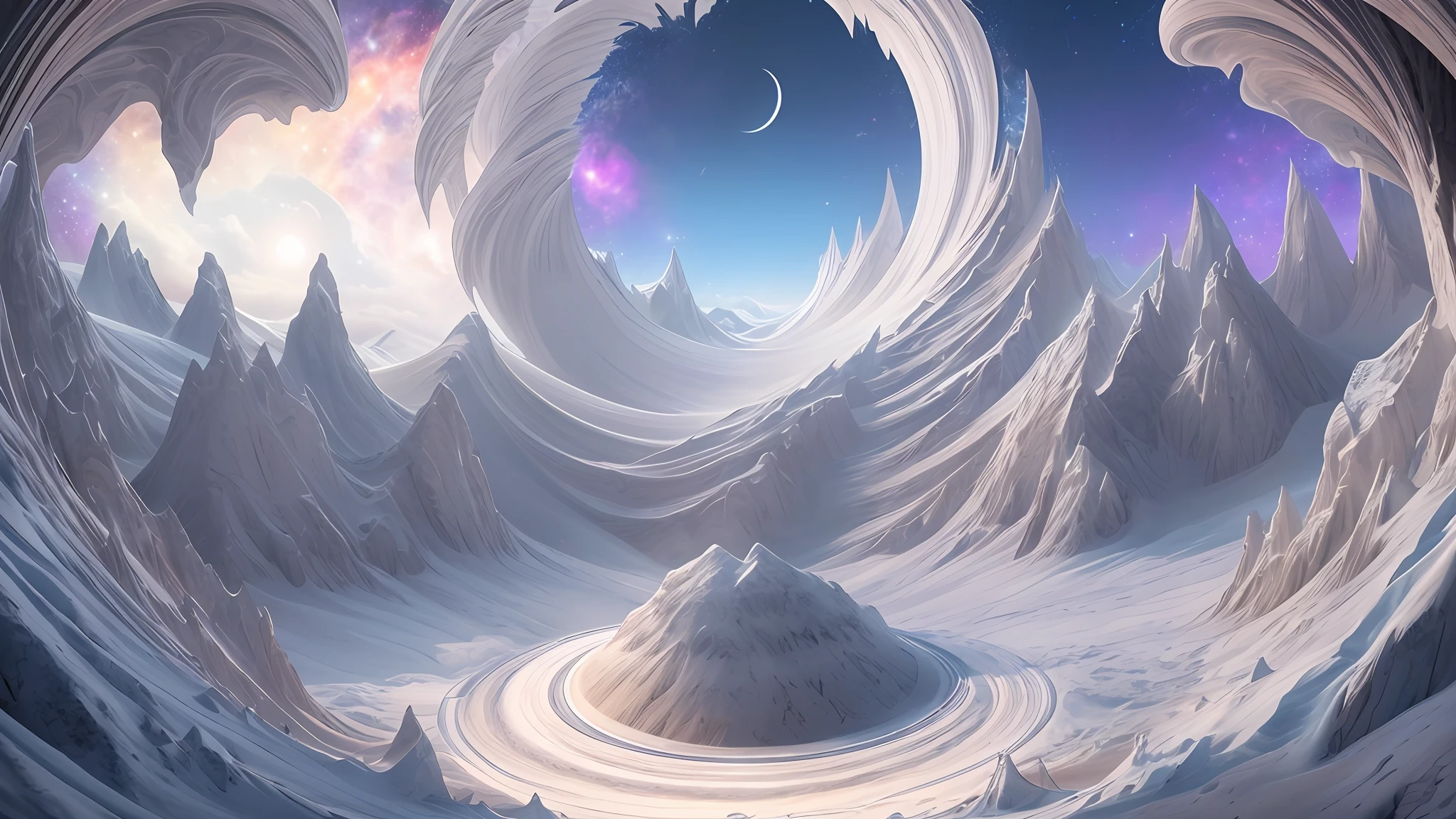 At the top of the White Planet,In front of a spiral vortex with a galaxy as the background,Magic portal in the sky,cloud vortex,A brilliant magical time portal,High level of detail in 32K,Hyper-detailing,Ultra-clear,hyper realisitc,ultra intricate,Photorealistic style