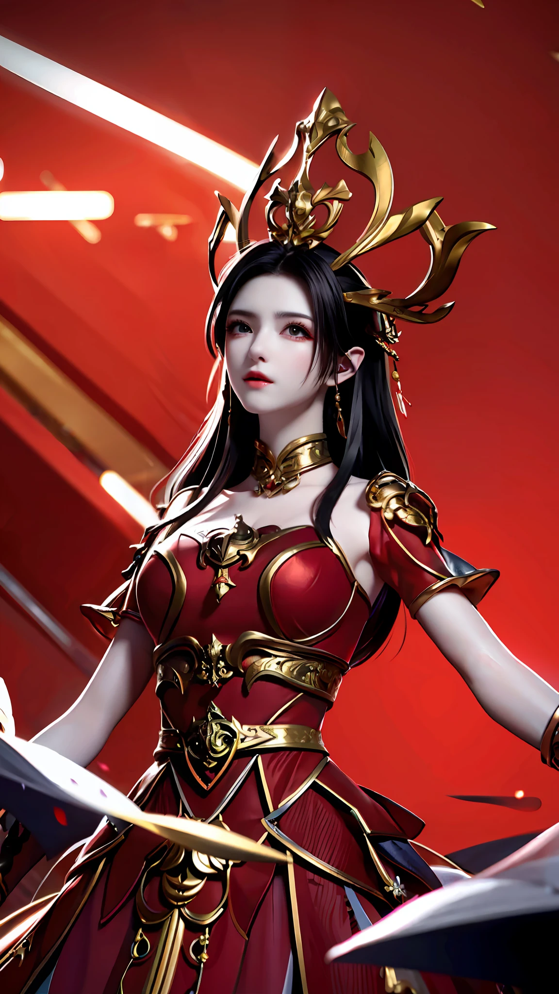 Excellent, masterpiece, black hair, red dress, looking up, upper body, hair, fair skin, emanation, red theme, skirt