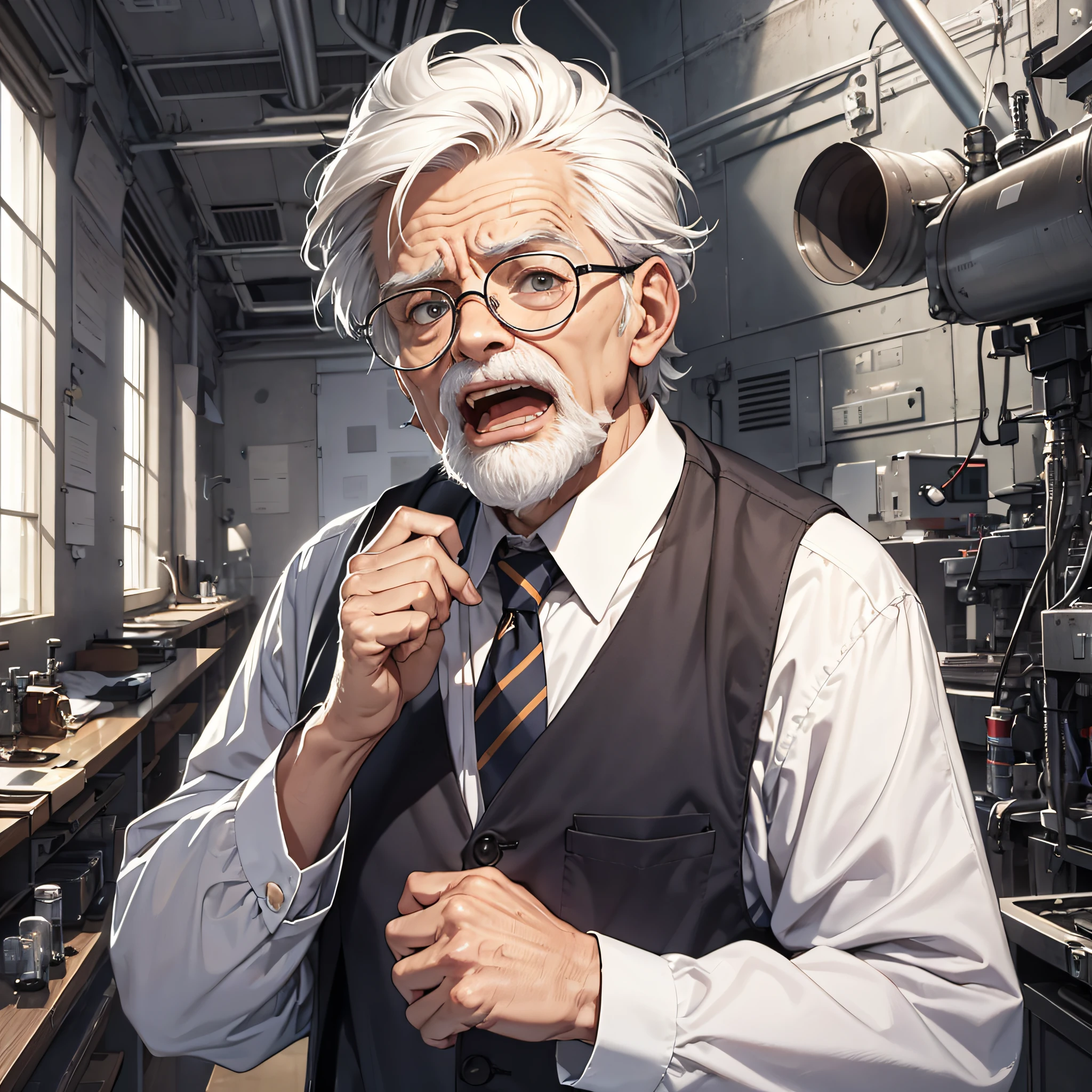 Ridiculous resolution,A high resolution,(tmasterpiece:1.4),1 old man with short white hair dressed as a scientist,Surprised and shocked expression(1.2),Open-mouthed,The background is a large scientific observatory with lots of big screens