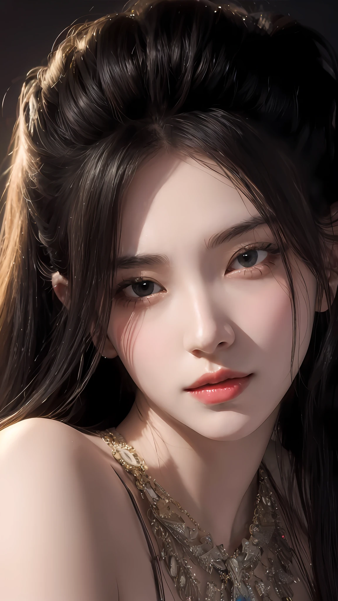 a close up of a woman with long hair and a necklace, Realistic. Cheng Yi, detailed face of a asian girl, girl cute-fine face, Stunning anime face portrait, Extremely beautiful face, Chinese girl, beautiful aesthetic face, Very beautiful face, asian beautiful face, portrait cute-fine-face, Guviz-style artwork, Asian face