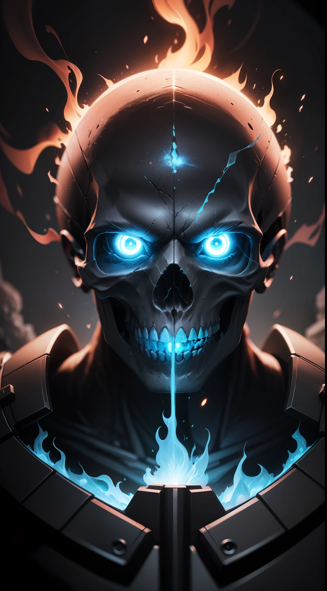 Obra prima, melhor qualidade, art-station, 1 Skull on Fire, ultra realistic, black background, galaxy, infinite blue eyes, 8k, realism, glowing, iridecent, hyper - detailed vibrant cinematic, ambient occlusion, chromatic aberration