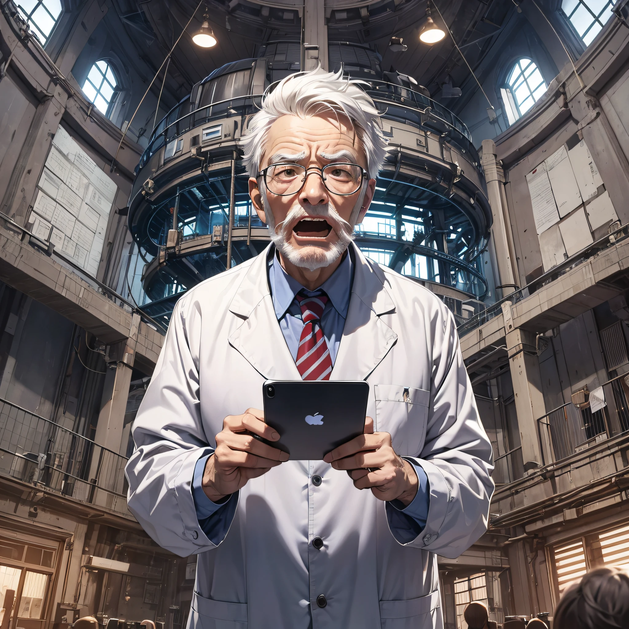 Ridiculous resolution，A high resolution，（tmasterpiece：1.4），1 old man with short white hair dressed as a scientist，Surprised and shocked expression（1.2），Open-mouthed，The background is a large scientific observatory with lots of big screens